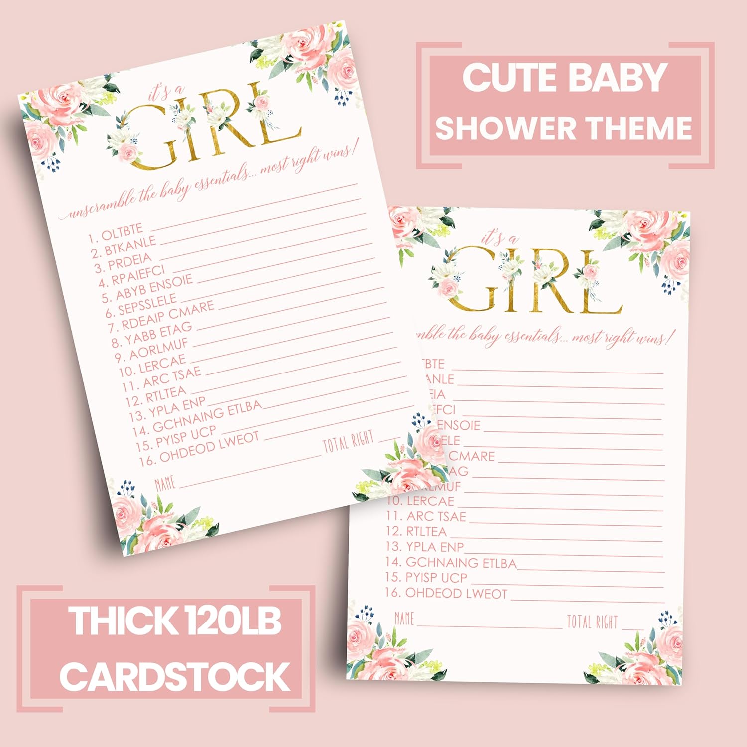 Oh Girl Baby Shower Games Rustic - Word Scramble Cards - 25 Pack - Fun Baby Shower Activities For Guests - Boho Floral Theme In Pink And Gold