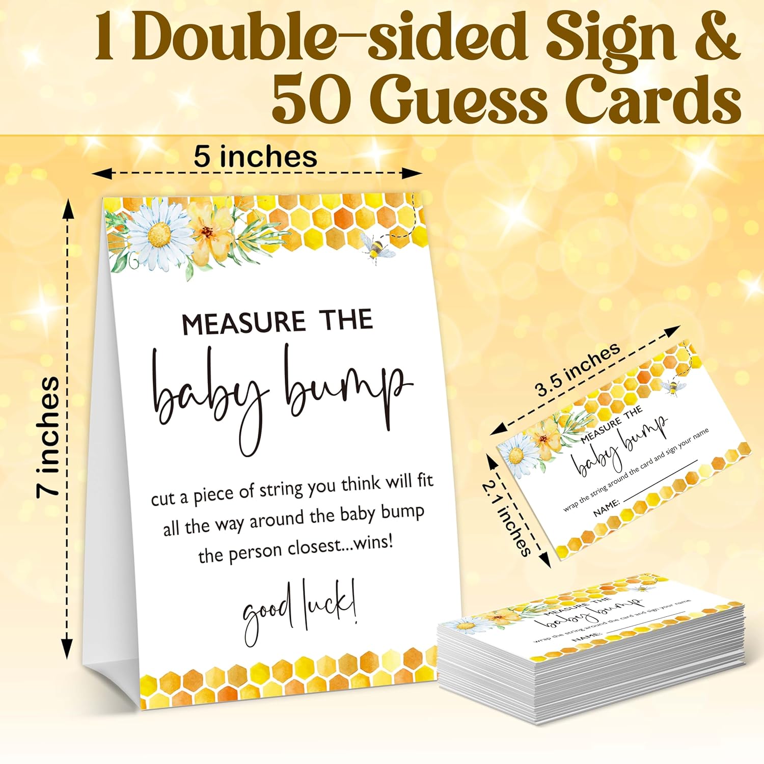 Honey Bee Baby Shower Games, Summer Daisy Measure The Bump Game Set, Bumble Bee Gender Reveal Baby Announcement Party Decorations, 1 Sign And 50 Cards-A10