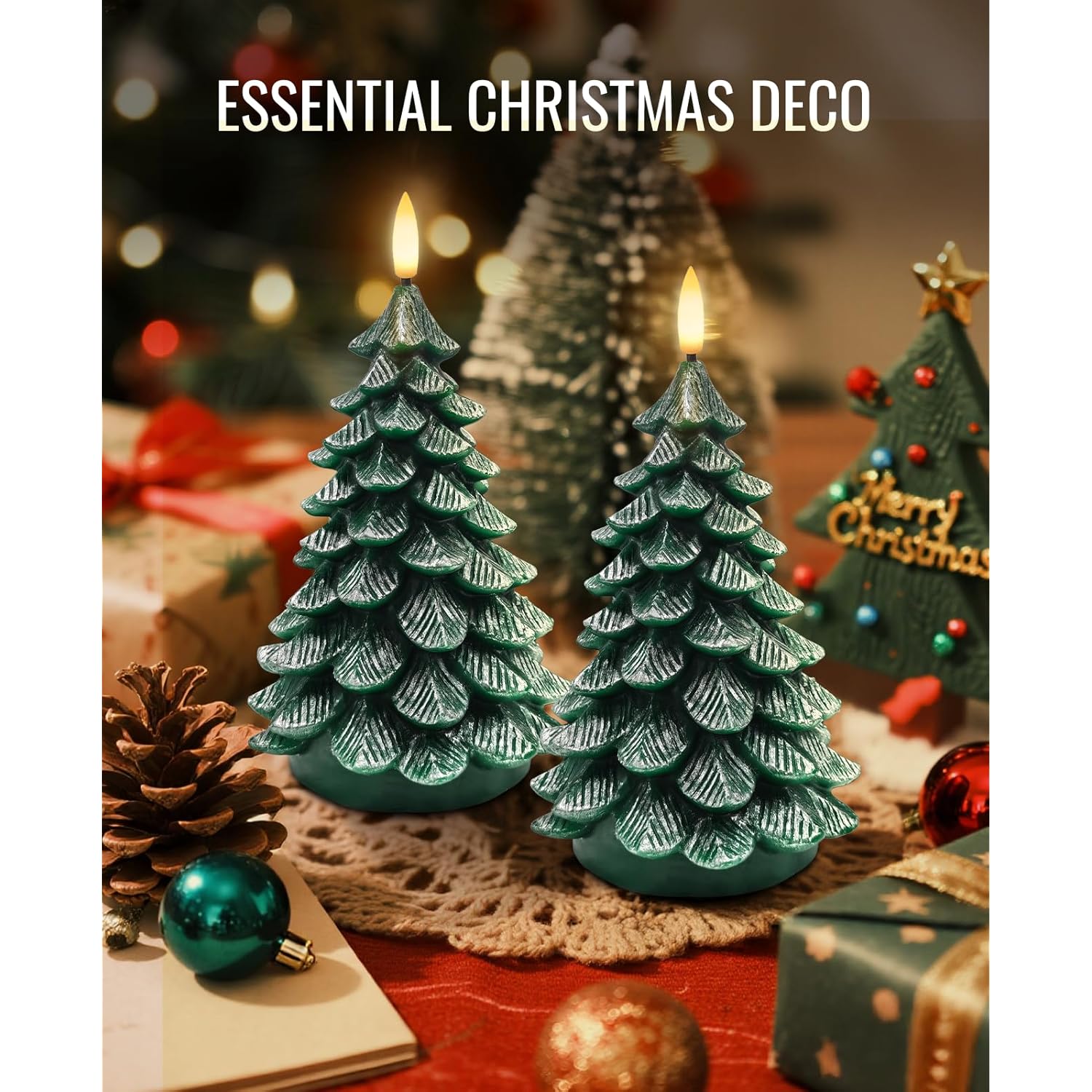 Christmas Tree Flameless Candles,10-Key Remote And Timer, Real Wax Battery Operated 3D Wick Led Flickering Candles Realistic Christmas Tree For Christmas Holiday Indoor Dinner Decor, 2 Packs