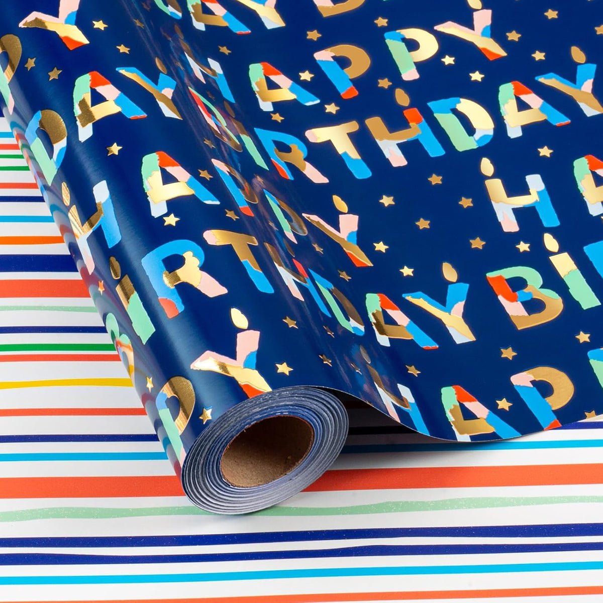 Blue Birthday Wrapping Paper Roll Reversible-Metallic Foil Colorful Birthday Lettering On Navy Blue Gift Wrapping Paper For Boys Girls Birthday,Baby Shower, Party(17 In X 32.8 Ft)