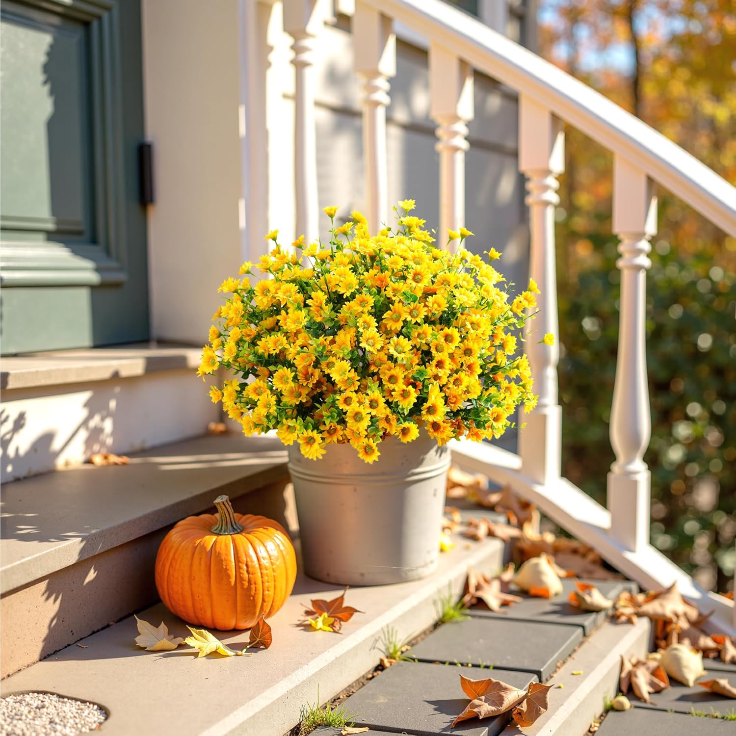 Artificial Mums Fall Fake Flowers For Outdoors, 10 Bundles Faux Mums Autumn Decorations,Uv Resistant Silk Flowers Plastic Plants For Outside Front Porch Garden Patio Home Planters Decor (Yellow)