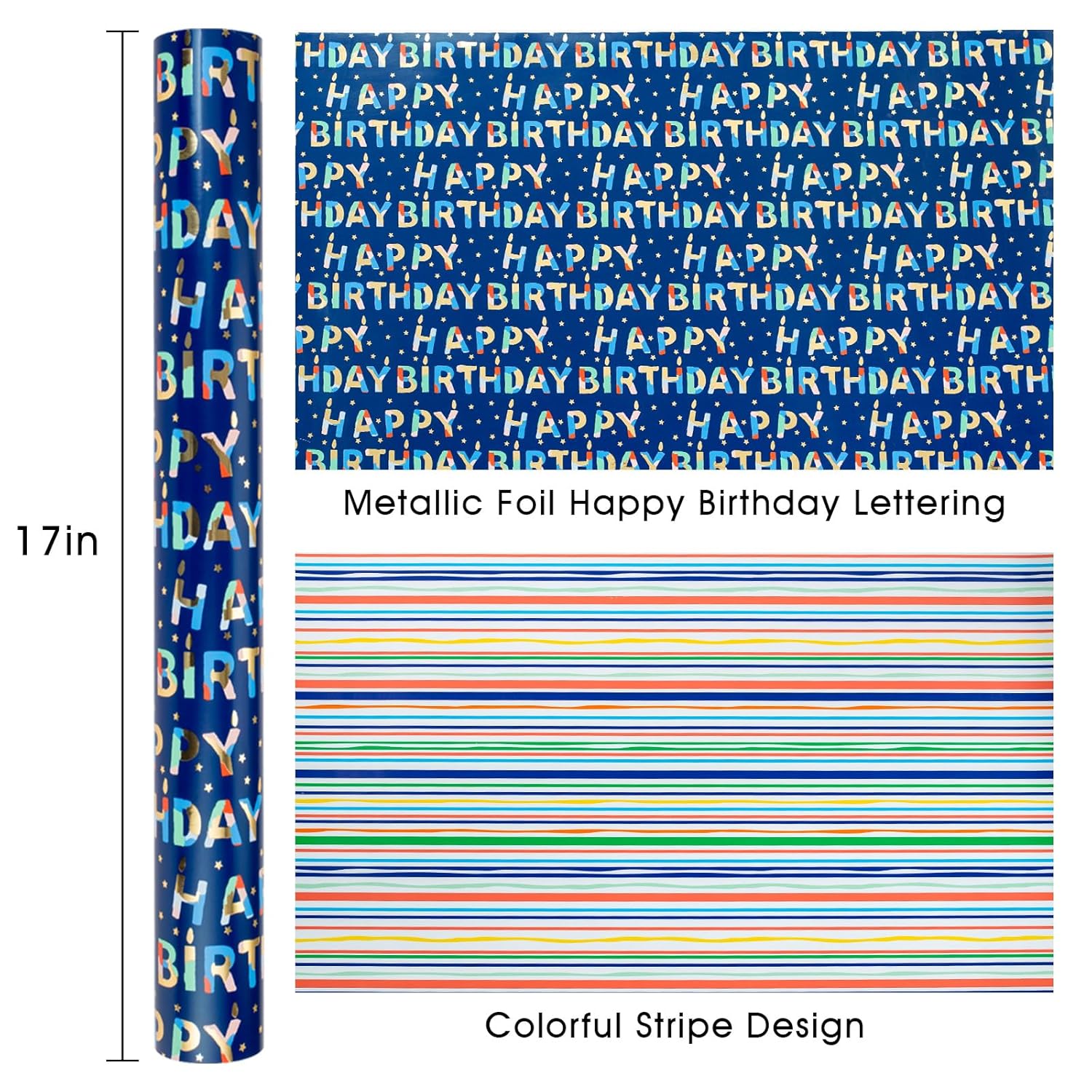 Blue Birthday Wrapping Paper Roll Reversible-Metallic Foil Colorful Birthday Lettering On Navy Blue Gift Wrapping Paper For Boys Girls Birthday,Baby Shower, Party(17 In X 32.8 Ft)