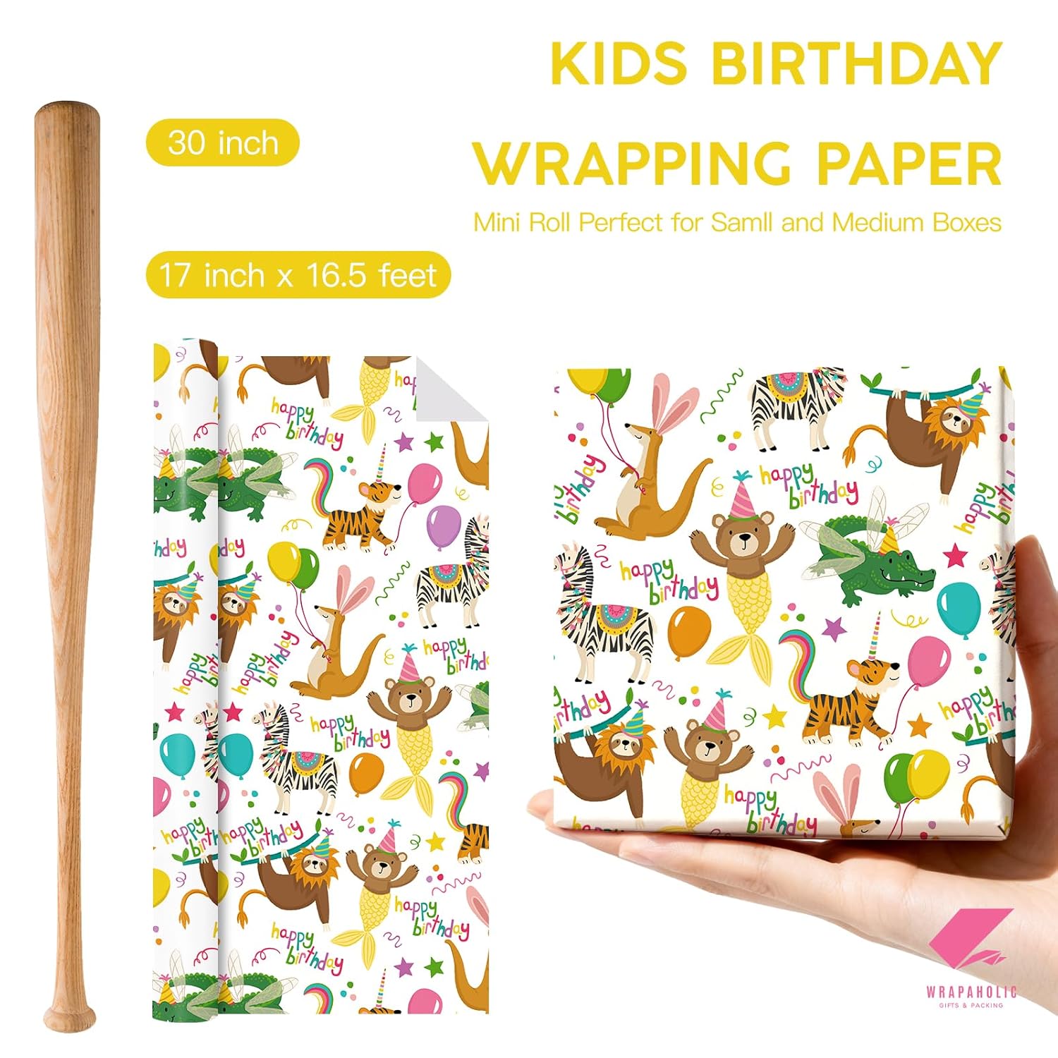 Kids Birthday Wrapping Paper Roll - Mini Roll - 17 Inch X 16.5 Feet - Cute Birthday Party Animal Wrapping Paper For Kids Boys Girls, Baby Shower, School Celebration