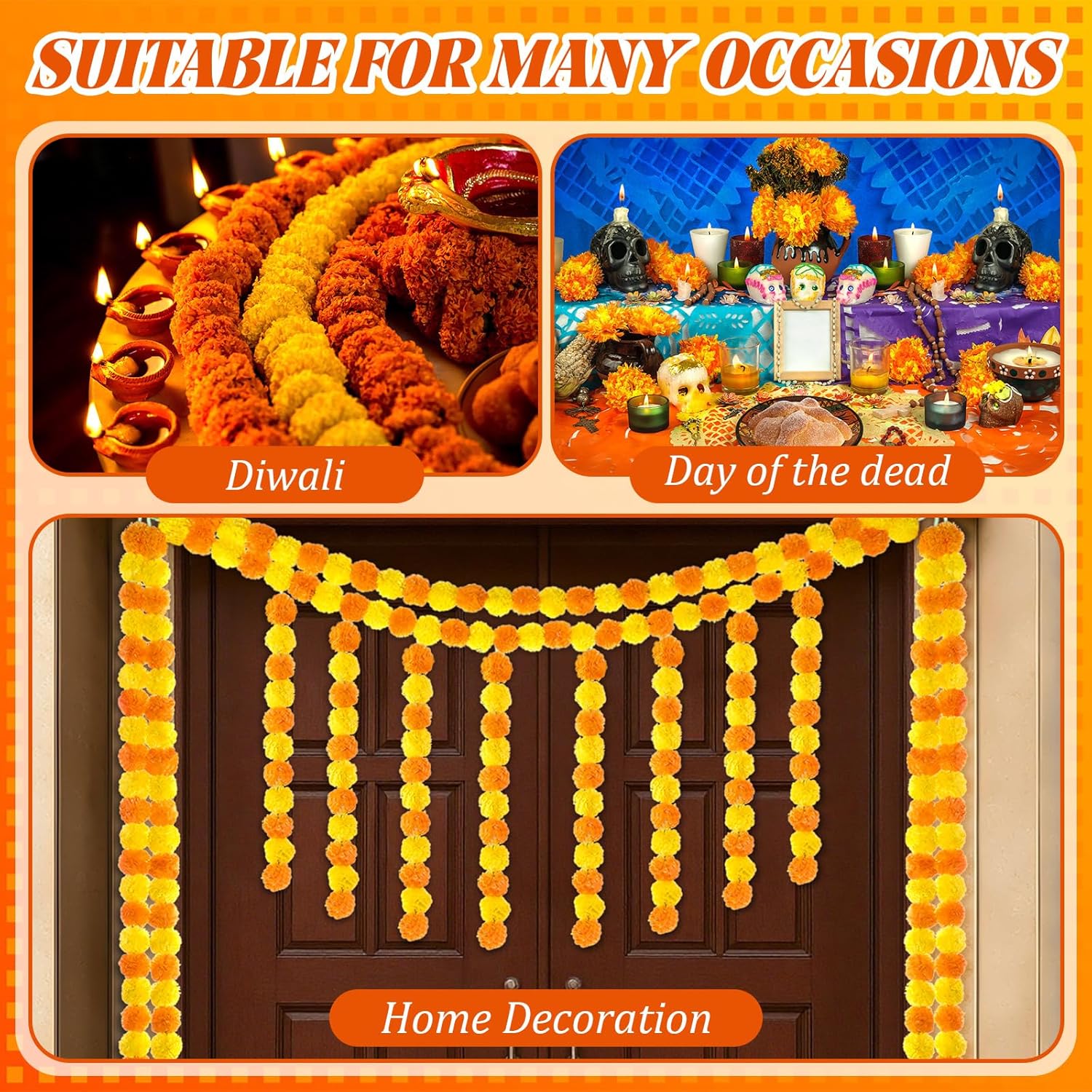 1 Set Artificial Marigold Flower Strands Tassel Garland For Diwali 5 Feet Long Strands, Garland Diwali Decorations For Home, Christmas Indian Day Of The Dead Wedding Decor (Beaded Style)