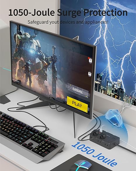 Surge Protector Power Strip 6 Outlets 4 USB Ports 2 USB C 3FT Flat Plug Extension Cord 1050J Black