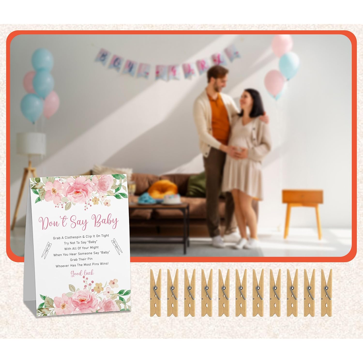 Don'T Say Baby Game For Baby Shower (One Sign With 50 Mini Clothespins), Floral Sign Blush Flower Baby Shower Sign, Baby In Bloom Decorations, Fun Baby Shower Games-Dsbb41