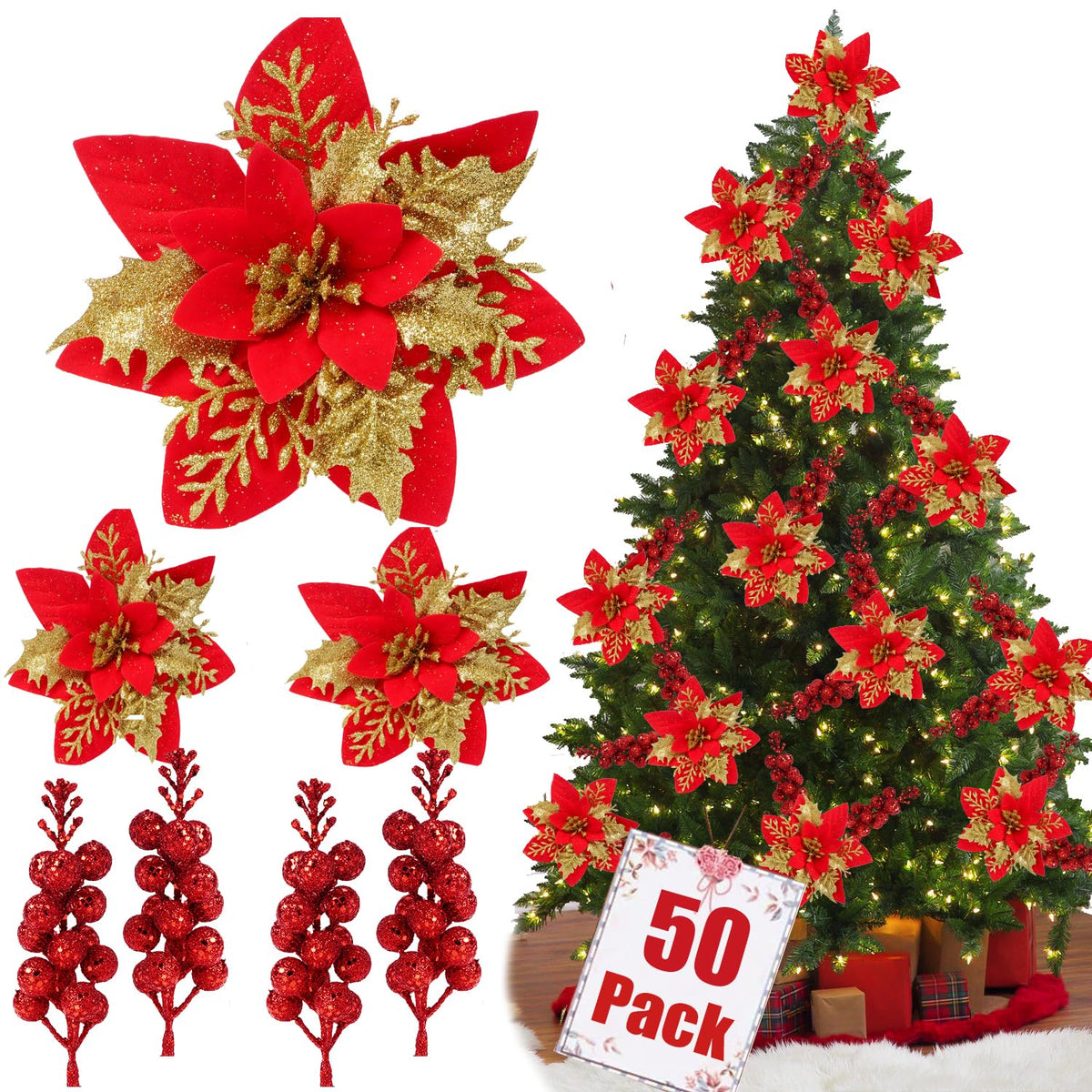 50Pcs Glitter Poinsettia Christmas Ornaments, Artificial Flowers With Clips Stems For Diy Wreath Making, Holiday Home Party Decorations, Indoor Use (Red)