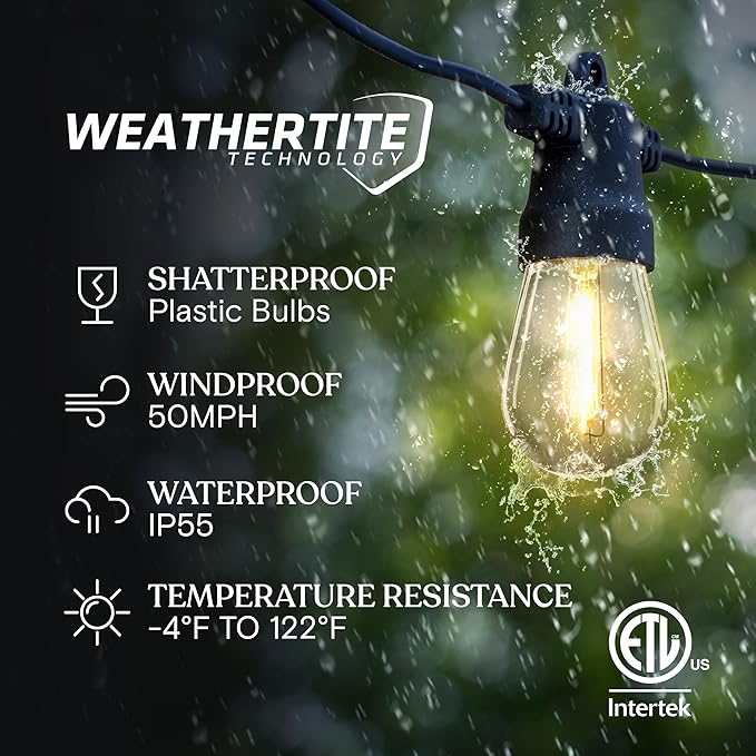 27FT Ambience Pro Solar Edison String Lights Commercial Grade Waterproof Patio Lights