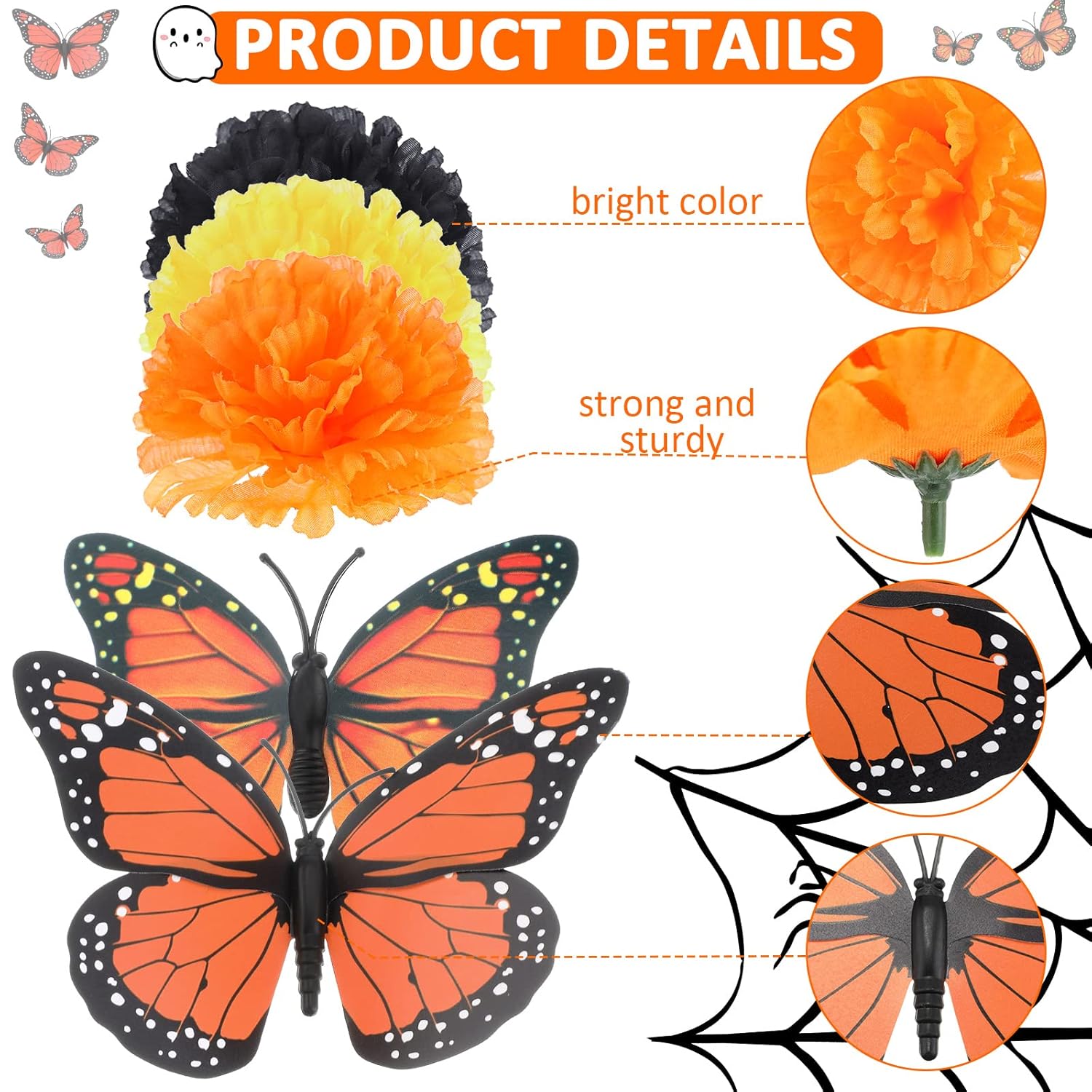 80 Pcs Artificial Marigold Flowers Monarch Butterfly Decorations Kit Dia De Los Muertos Decor Day Of The Dead Decorations Include 20 Fake Butterflies For Crafts 60 Marigold Flowers For Diwali Mexican