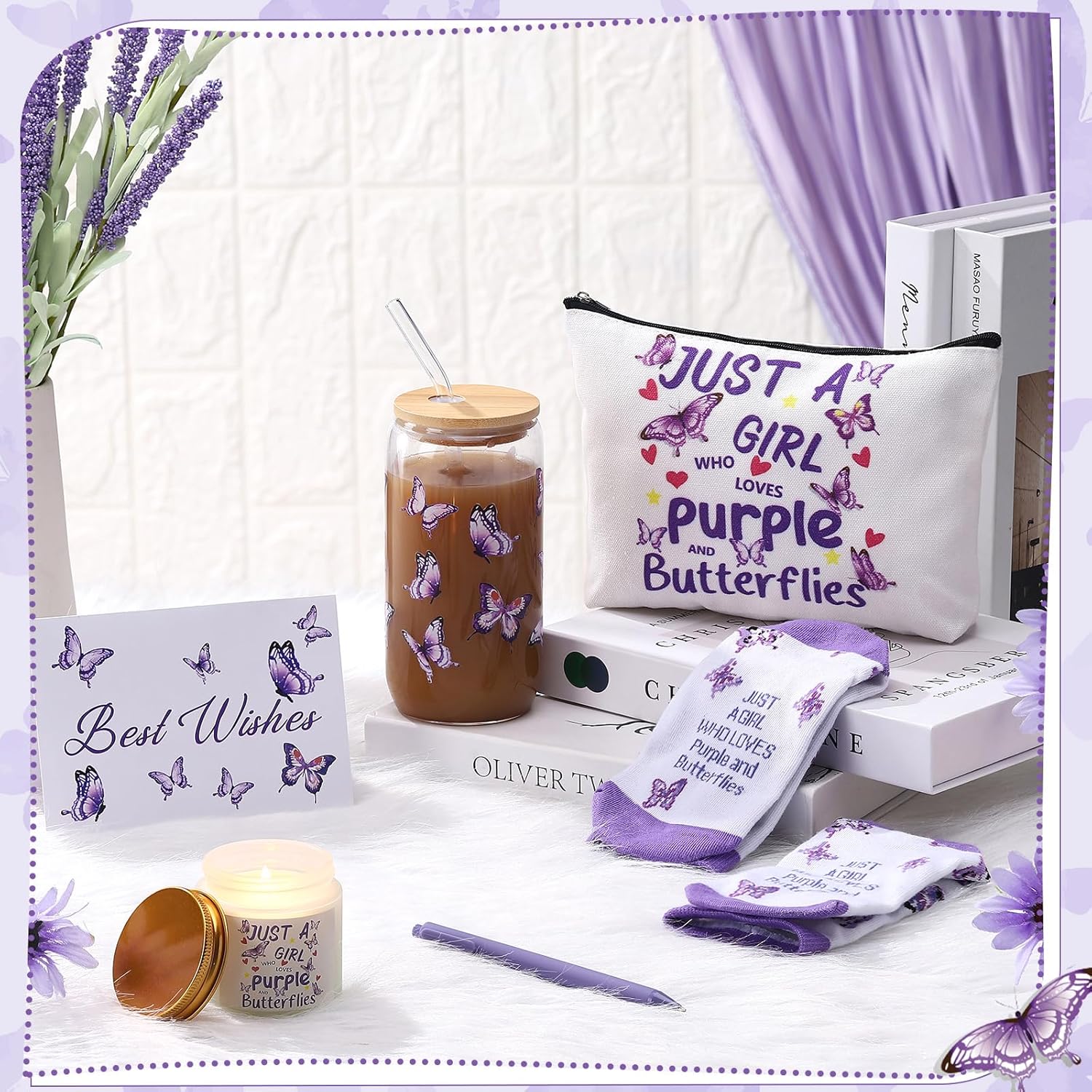 Purple Butterfly Gifts Set Of 6 Butterfly Makeup Bag Scented Candle Glass Cup With Lids And Straws Sock Greeting Card Pen For Women Lady Mothers Day Wife Girlfriend