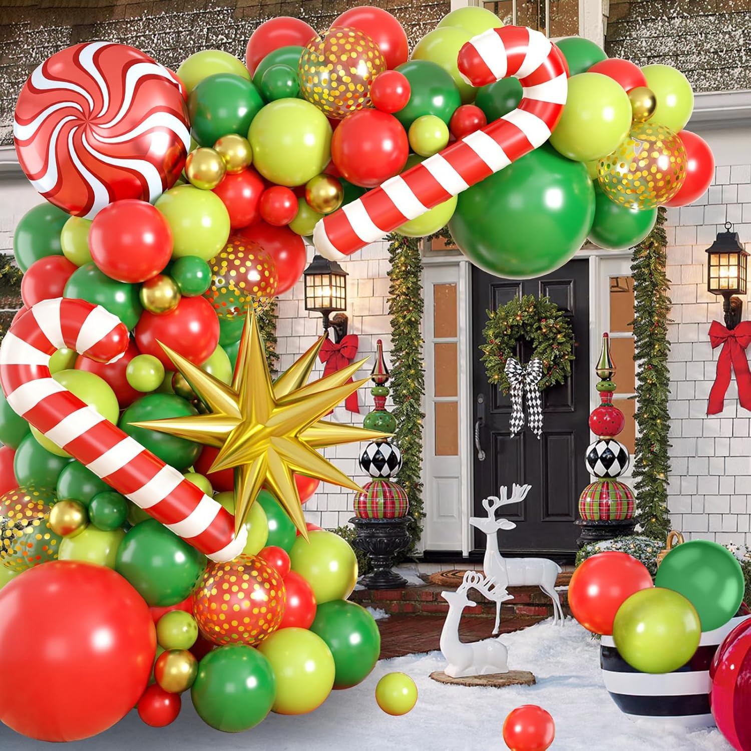Christmas Balloon Garland Kit, Red Green Christmas Balloon Arch Kit With Metallic Gold Balloons Star Candy Cane Christmas Foil Balloon For Christmas Party Decorations New Year Party Supplies