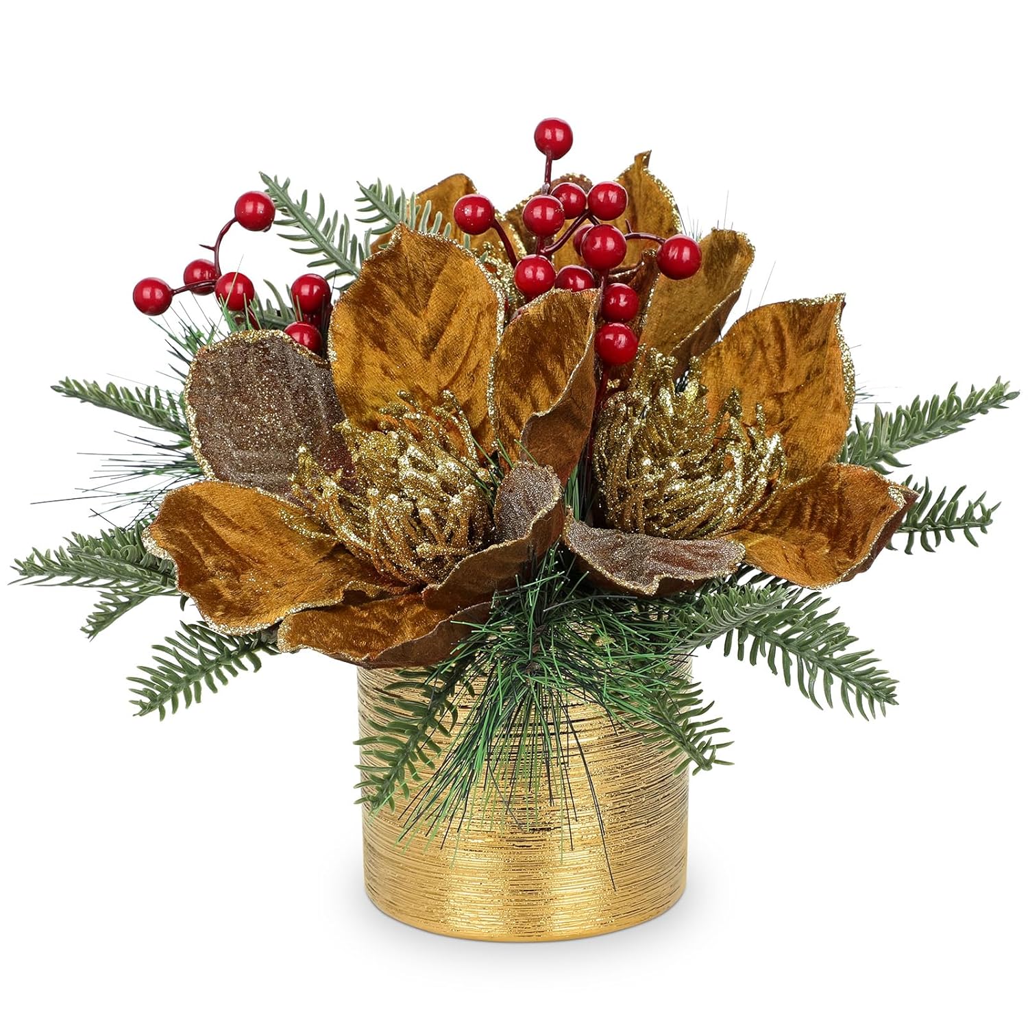 13 Inch Brown Christmas Table Centerpiece 5" Glitter Magnolia Flower And Berries Fir Greenery Artificial Christmas Floral Centerpiece In Ceramic Pot Tabletop Xmas Table Arrangement Decoration
