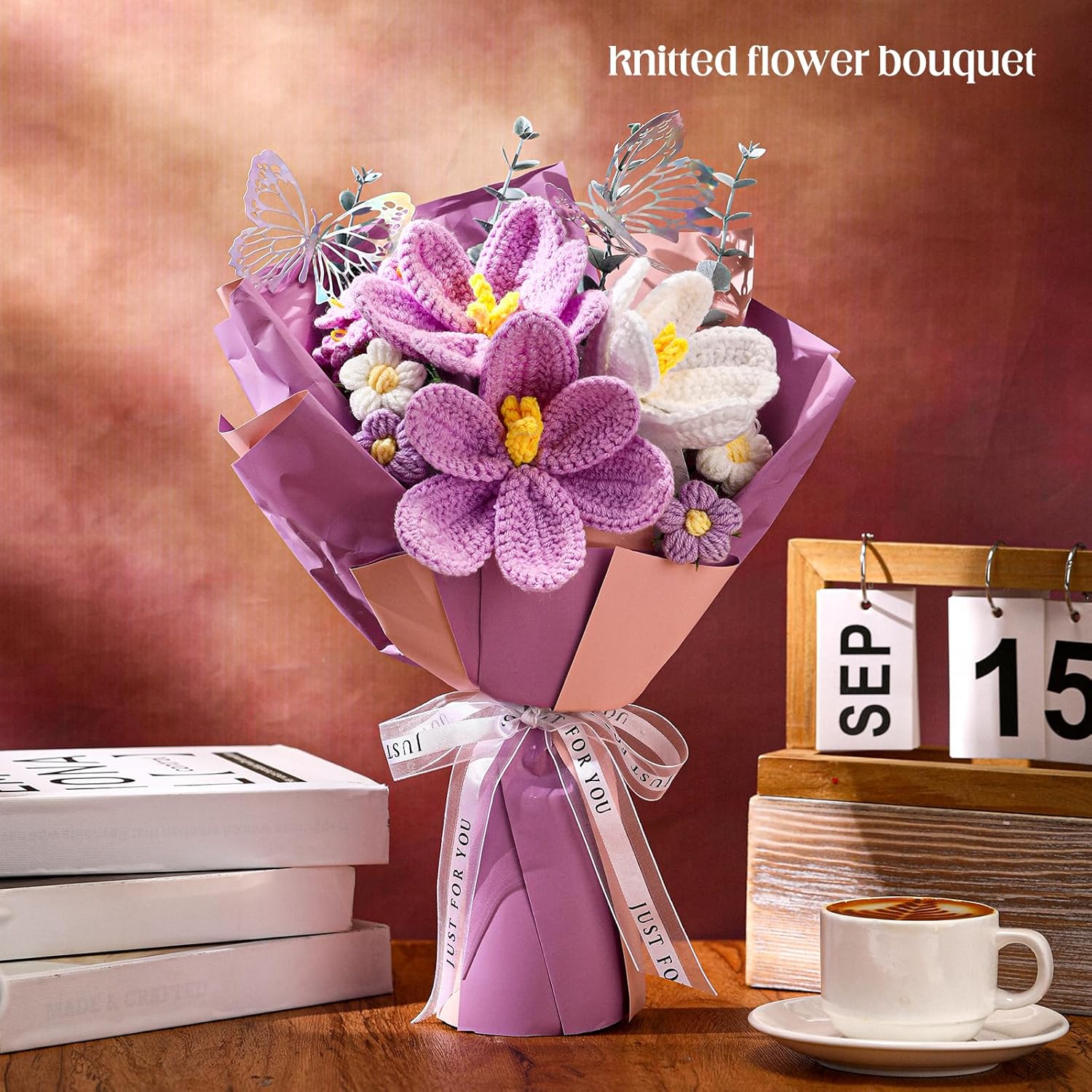 Crochet Flowers Bouquet Valentines Handmade Tulips Knitted Flowers With Butterfly Card For Wife Lover Anniversary Birthday Mother'S Day Teacher Coworker Office(Purple)