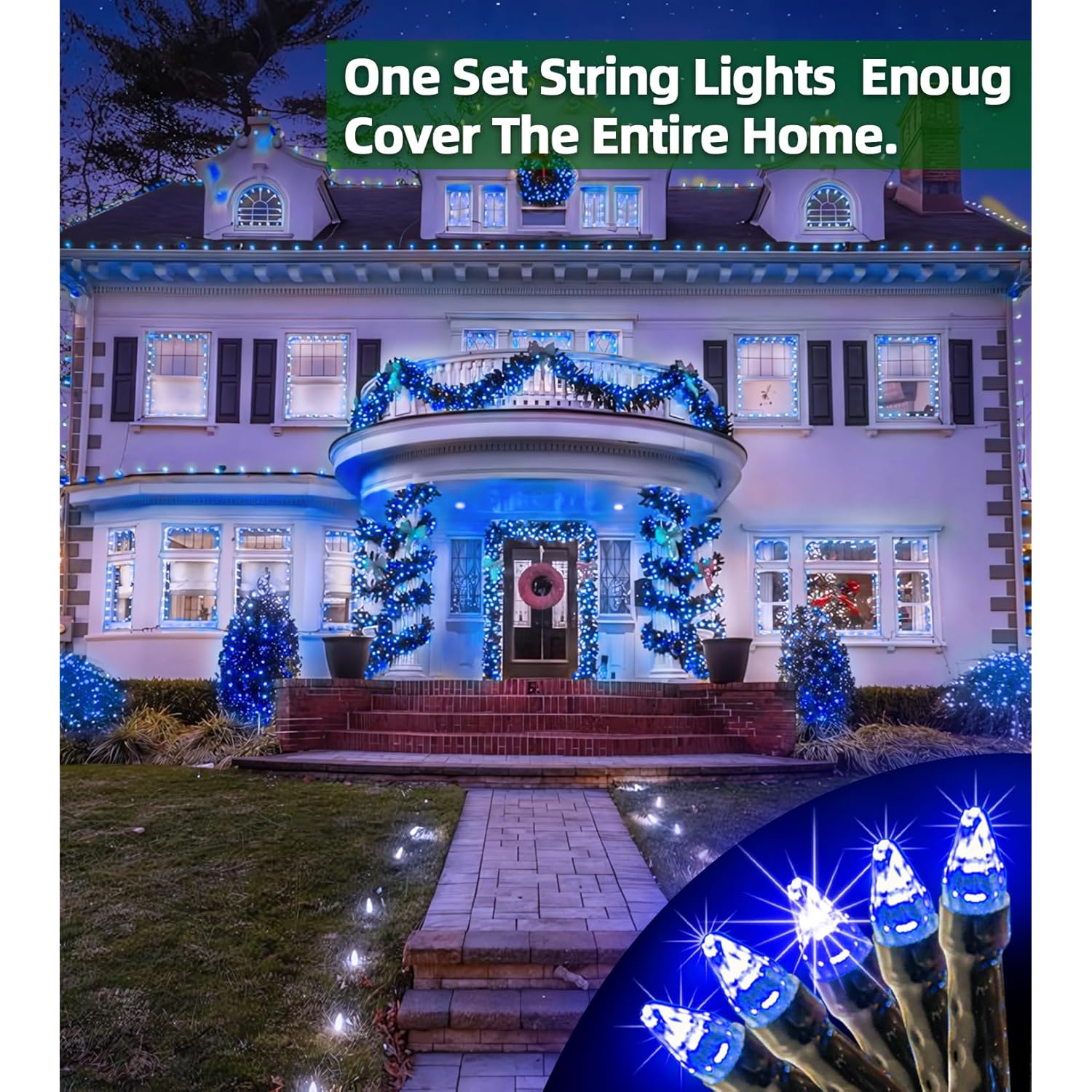 1500 Led 492Ft Outdoor Christmas Lights Decorations, Green Wire Led String Lights With Timer Memory, Twinkle Lighs For Indoor Outdoor Party, Tree Wedding, Garden, Patio (Blue)
