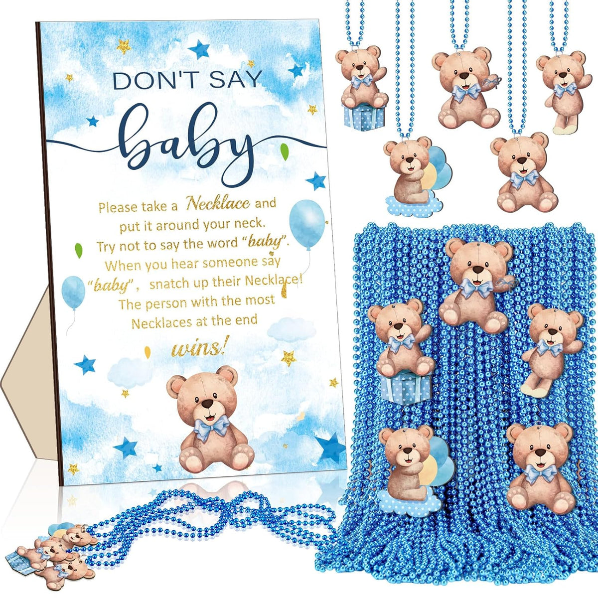 51 Pcs Don'T Say Baby Shower Game Supplies Include Blue Bear Wooden Baby Shower Sign And 50 Wood Bear Necklaces For Girl Boy Gender Reveal Party Decor