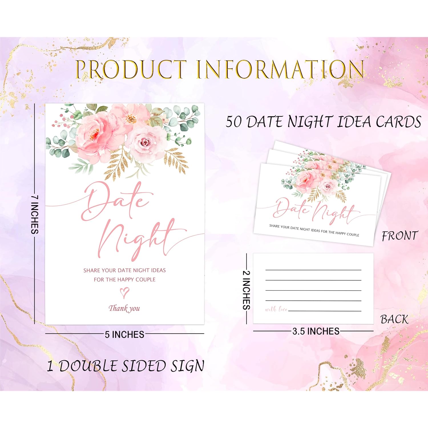 Blush Pink Floral Date Night Game, Date Night Ideas Sign With 50 Cards, Bridal Shower Game, Modern Bridal Shower Decorations, Wedding Date Night Advice - 08