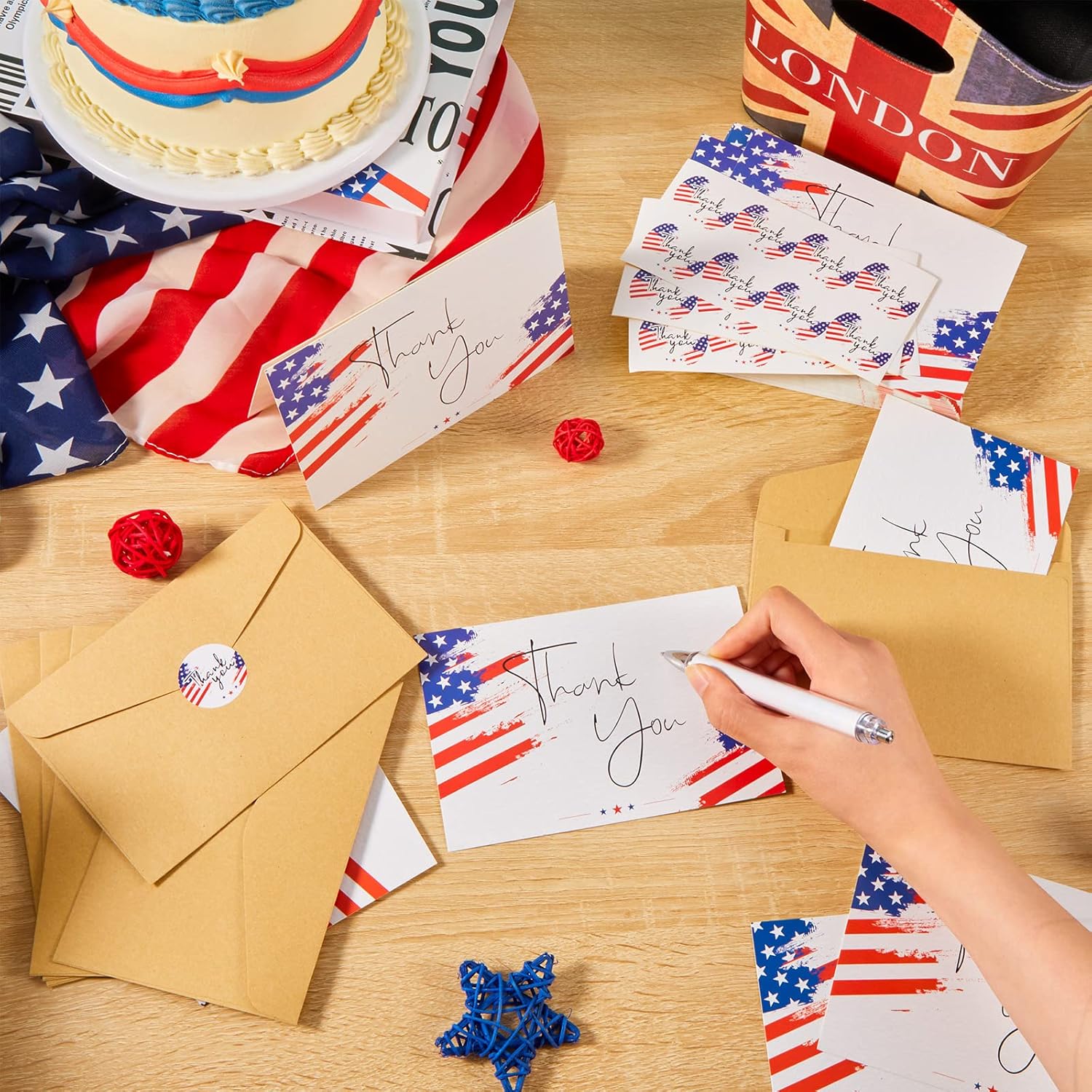 200 Sets Patriotic Thank You Cards Bulk With Kraft Envelopes And Round Stickers 4Th Of July Independence Day Veterans Cards Bulk Usa Military Memorial Day Army Gifts, 4 X 6 Inches