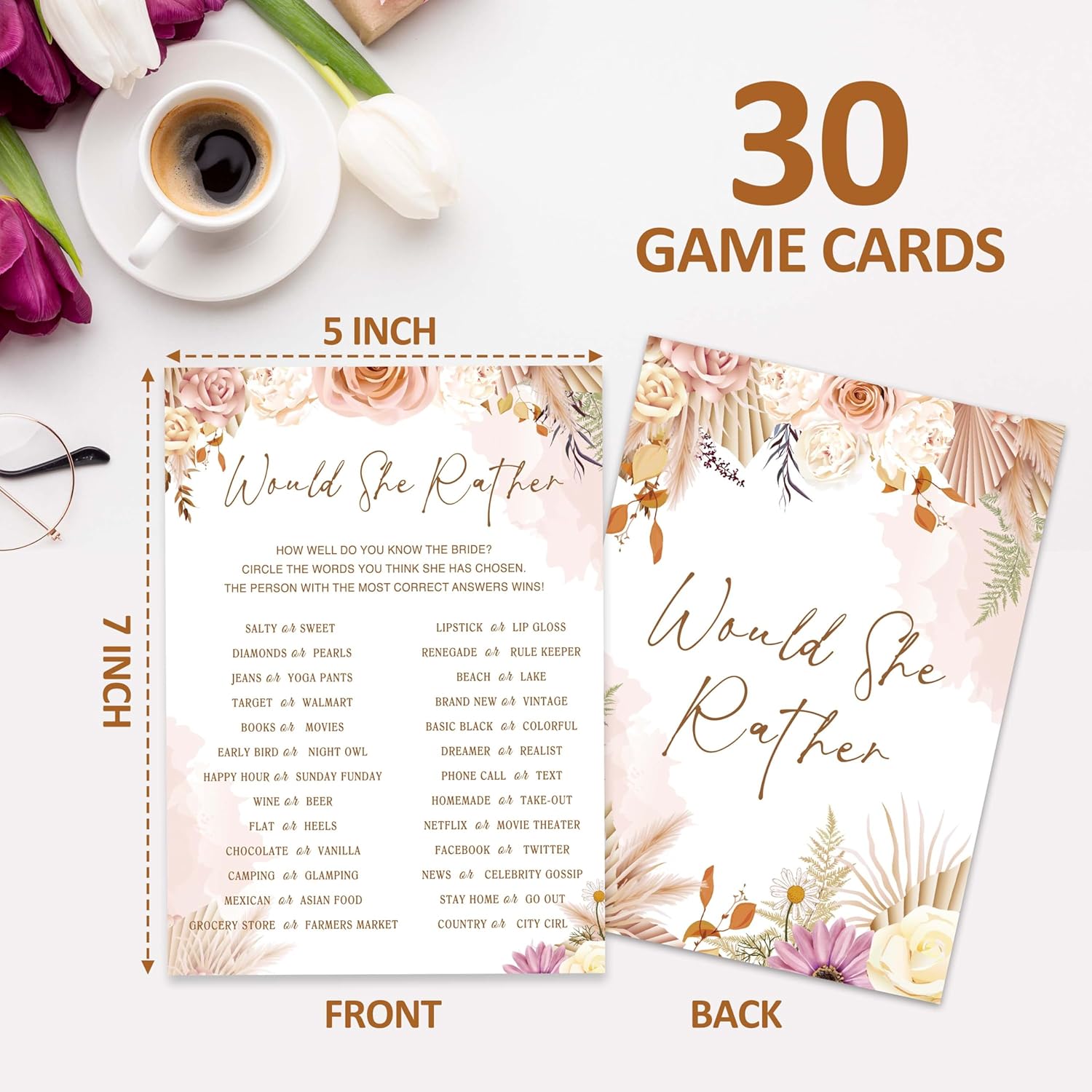 Boho Bridal Shower Game Set - Would She Rather Bohemian Wedding Shower Games Cards - 30 Pack Pampas Grass Engagement Party Decorations - Fall Floral Bachelorette Party Ideas And Activities -06
