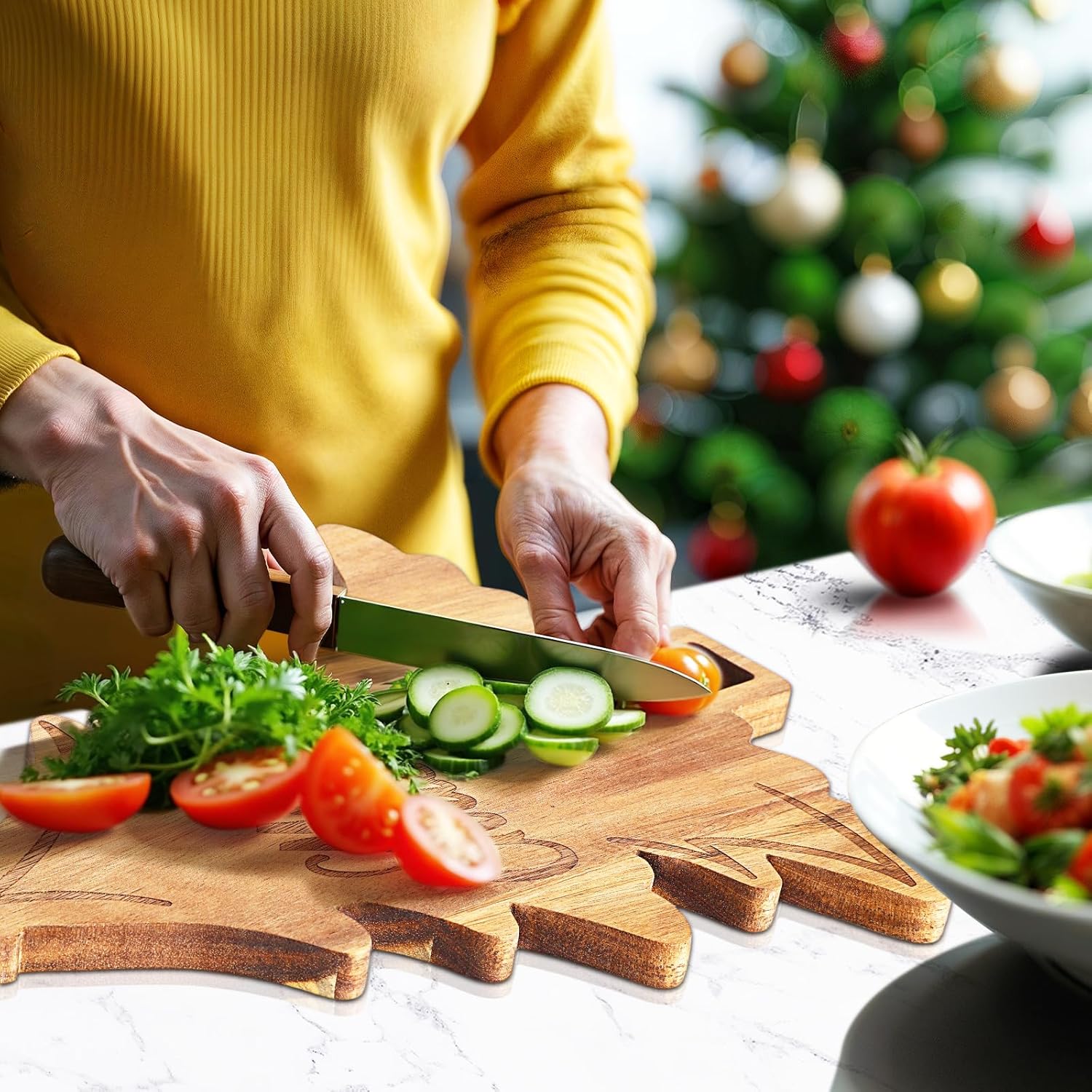 2Pcs Merry Christmas Tree & Gingerbread Man Wooden Cutting Board With Handle - Xmas Charcuterie Board For Kitchen, Cheese, Fruit, Bread, Salad, Vegetable, Snack, Dessert