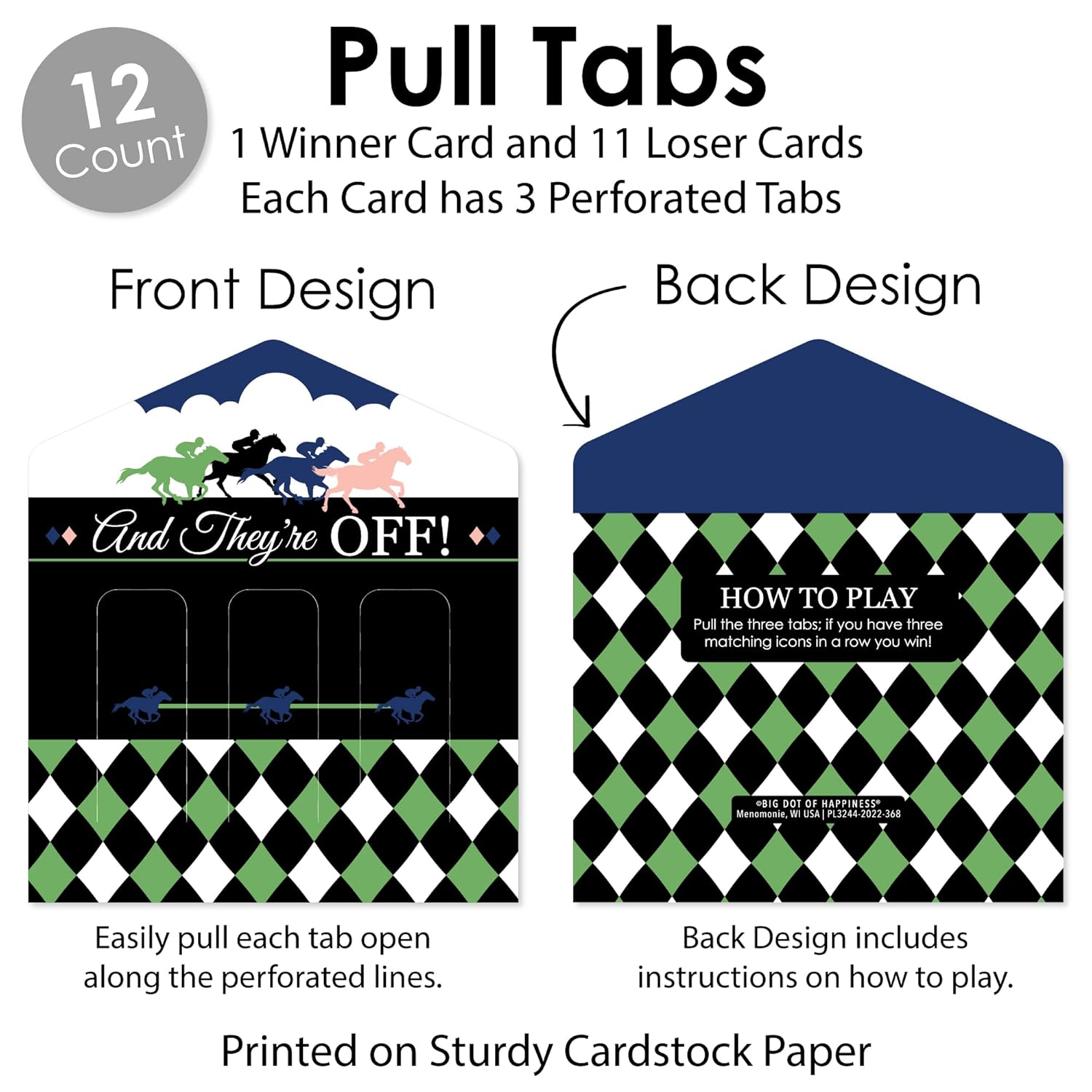 Big Dot of Happiness Kentucky Horse Derby Party Supplies - Race Pull Tab Game Cards - Interactive 3-in-a-Row Party Entertainment - Double-Sided Winner Cards - Set of 12