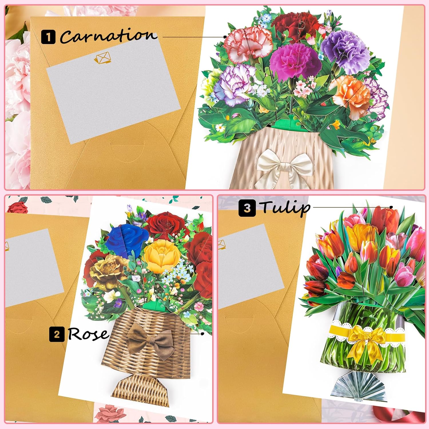 Mothers Day Card For Women Mom Wife Daughter - Paper Pop Up Flower Card, 3Pack Rose, Carnation & Tulip Flower Bouquet 3D Popup Set With Note & Envelope
