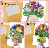 Mothers Day Card For Women Mom Wife Daughter - Paper Pop Up Flower Card, 3Pack Rose, Carnation & Tulip Flower Bouquet 3D Popup Set With Note & Envelope