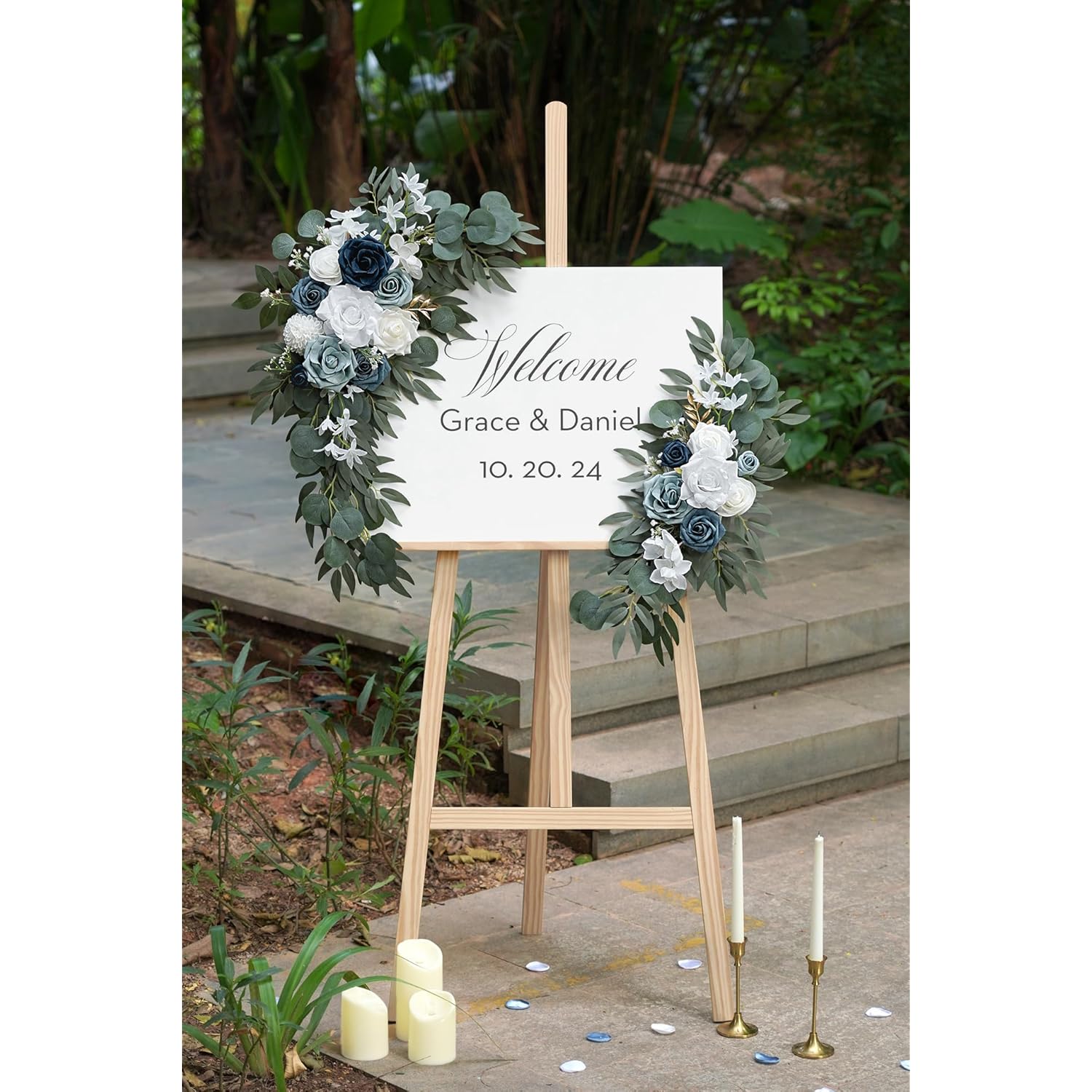 Dusty Blue Flower For Wedding Welcome Signs Decorations, Artificial Wedding Arch Flowers For Wedding Ceremony (Set Of 2)