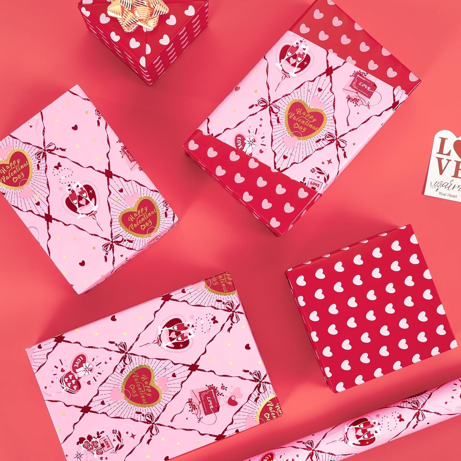 Valentines Wrapping Paper Roll - 1 Roll 17’’ X 33Ft Valentines Day Wrapping Paper Pink Red Heart Gift Packing Decorations For Men Women With Cutting Line Bridal Shower Wedding Supplies