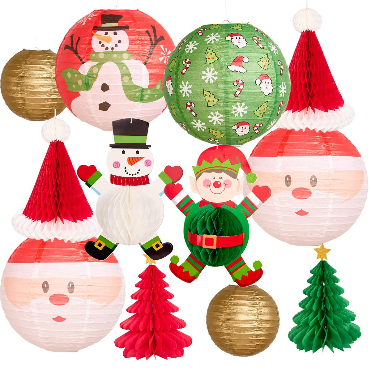 12Pc Gold Red Green Christmas Elf Paper Lantern Decoration Set, 3D Xmas Hat, Santa Claus, Snowman Tissue Paper Honeycomb, Indoor Outdoor Hanging Xmas Tree Star Garland Holiday Party Supply 12, 10, 8''