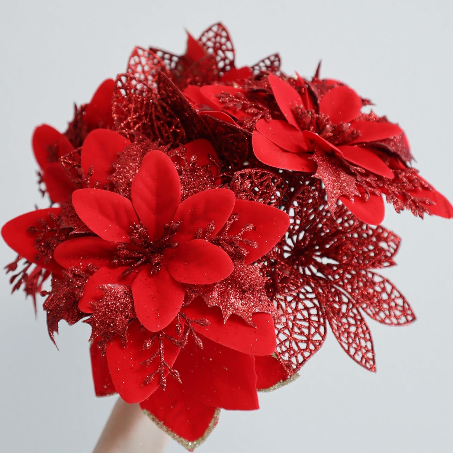 48 Pcs Fake Poinsettia Glitter Flowers And Berry Stems Artificial Red Christmas Flower With Clips Decoration For Xmas Tree Ornaments Party Wreath Decor (Red)