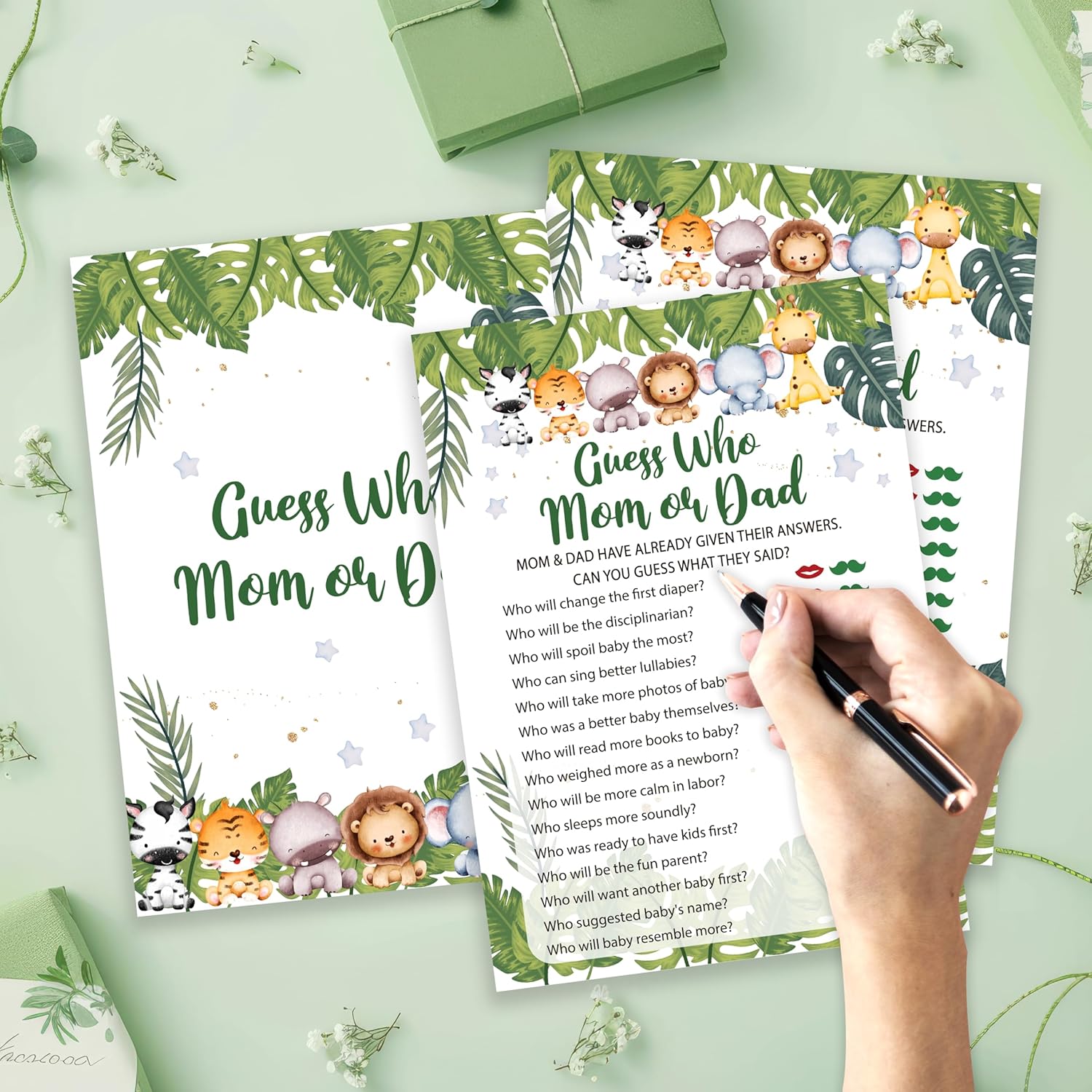 Safari Animals Baby Shower Games Cards, Find Who Mom Or Dad Game Cards For New Parents Baby Shower Activity, Wildlife Gender Reveal Party Games For Decorations Favors Supplies, Set Of 25-07
