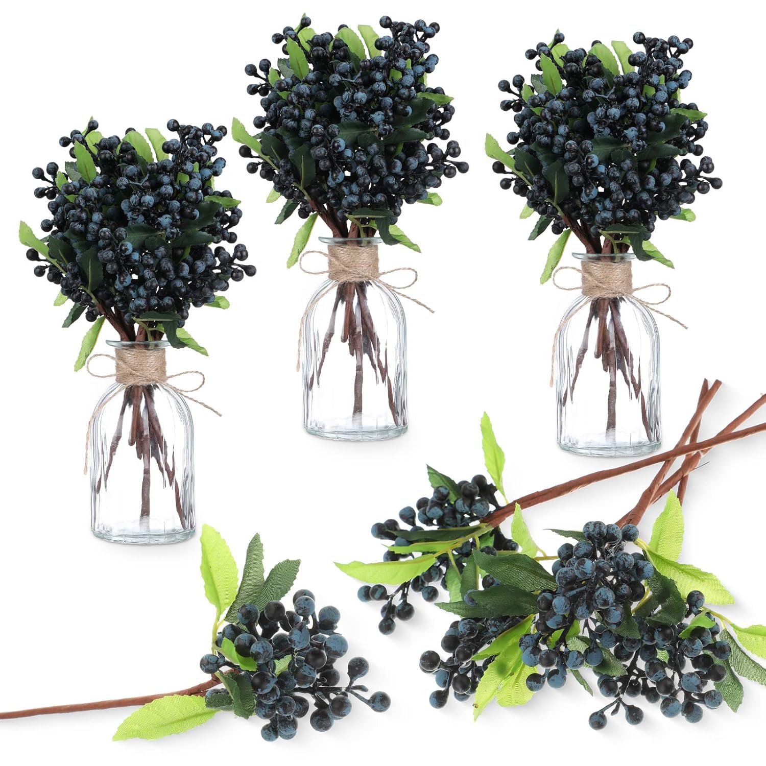 30 Pcs Artificial Blue Berry Stems Bulk, 9.8 Inch Faux Berry Picks With Green Leaves, Fake Short Branch Fruit Flower For Tree Garland Home Wedding Diy Party Decoration(Blue)