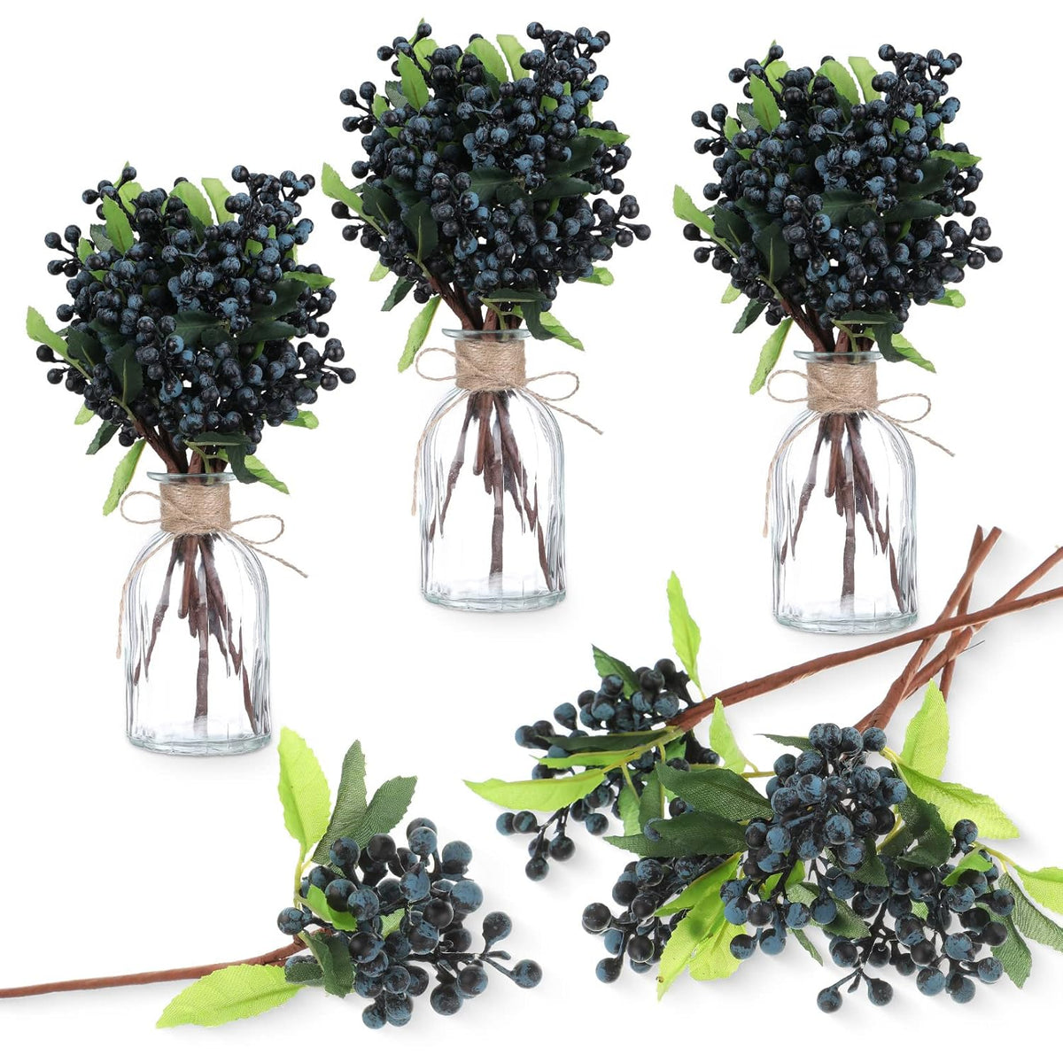 30 Pcs Artificial Blue Berry Stems Bulk, 9.8 Inch Faux Berry Picks With Green Leaves, Fake Short Branch Fruit Flower For Tree Garland Home Wedding Diy Party Decoration(Blue)