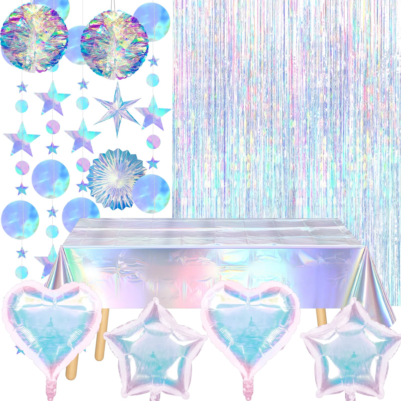 13 Pcs Iridescent Party Decorations with Holographic Tablecloth Balloons Star Moon Garlands Streamer Honeycomb Balls Paper Fan Foil Fringe Curtain for Disco Mermaid Birthday Party Supplies
