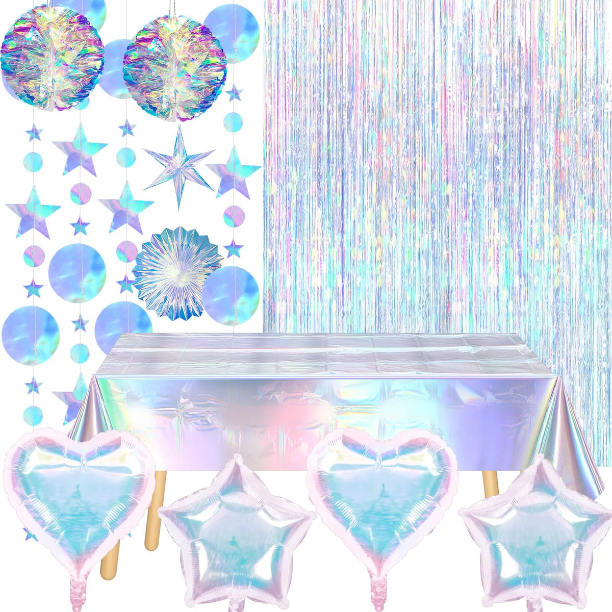 13 Pcs Iridescent Party Decorations with Holographic Tablecloth Balloons Star Moon Garlands Streamer Honeycomb Balls Paper Fan Foil Fringe Curtain for Disco Mermaid Birthday Party Supplies