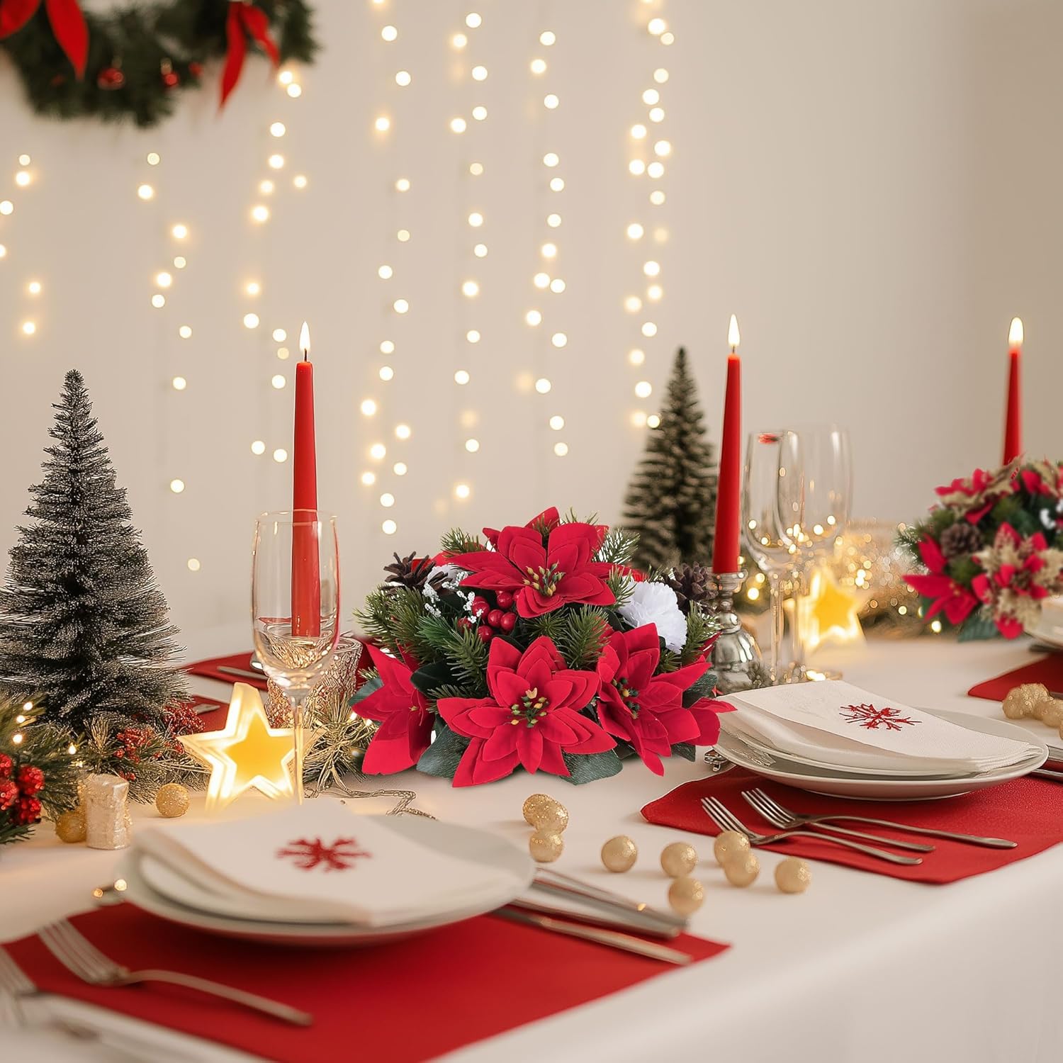 Poinsettias Artificial Christmas Flowers: 2 Pcs Red Fake Floral Ball Centerpieces For Tables Decorations Silk Faux Poinsettia Winter Holiday Flower Arrangement Xmas Plant Ornaments Decor