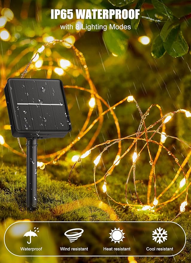 2 Pack Solar String Lights 66FT 200 LED Warm White Fairy Lights Waterproof 8 Modes for Patio Yard Tree Wedding Decor
