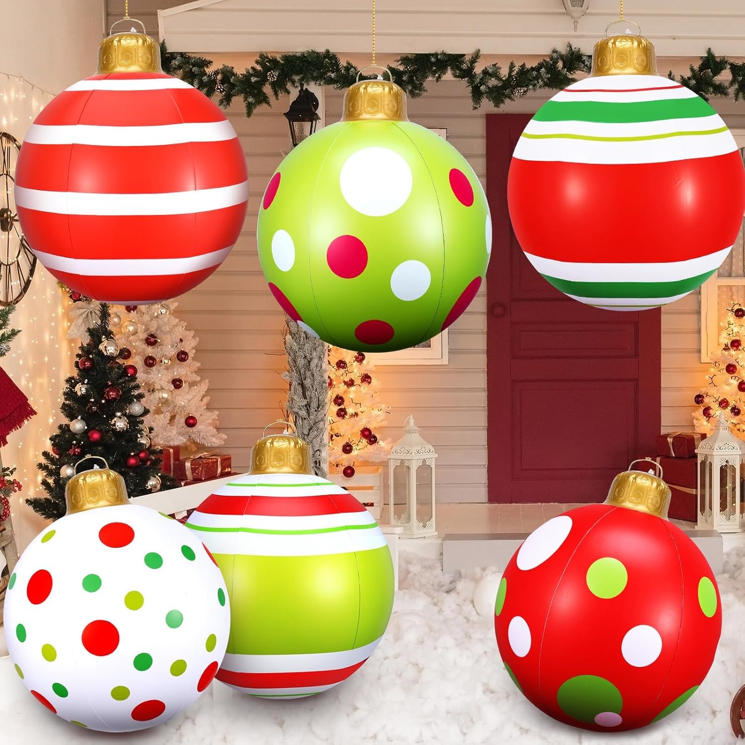 6 Pcs 24 Inch Inflatable Christmas Ball Ornaments - Large Pvc Oversized Christmas Tree Ornaments For Yard Lawn Holiday P