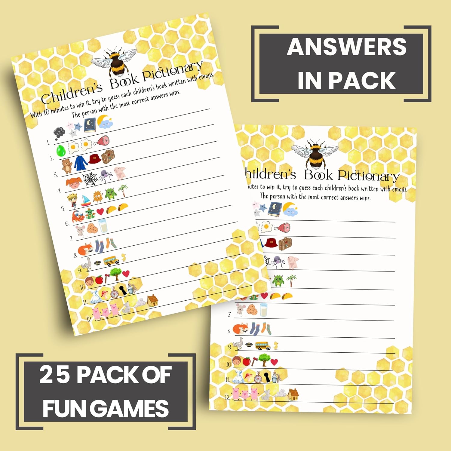 Mama Bee Baby Shower Games - Gender Neutral - 25 Cards - Fun Guessing Activities For Guests - Bumblebee Yellow And Black Theme, 5X7 Pack