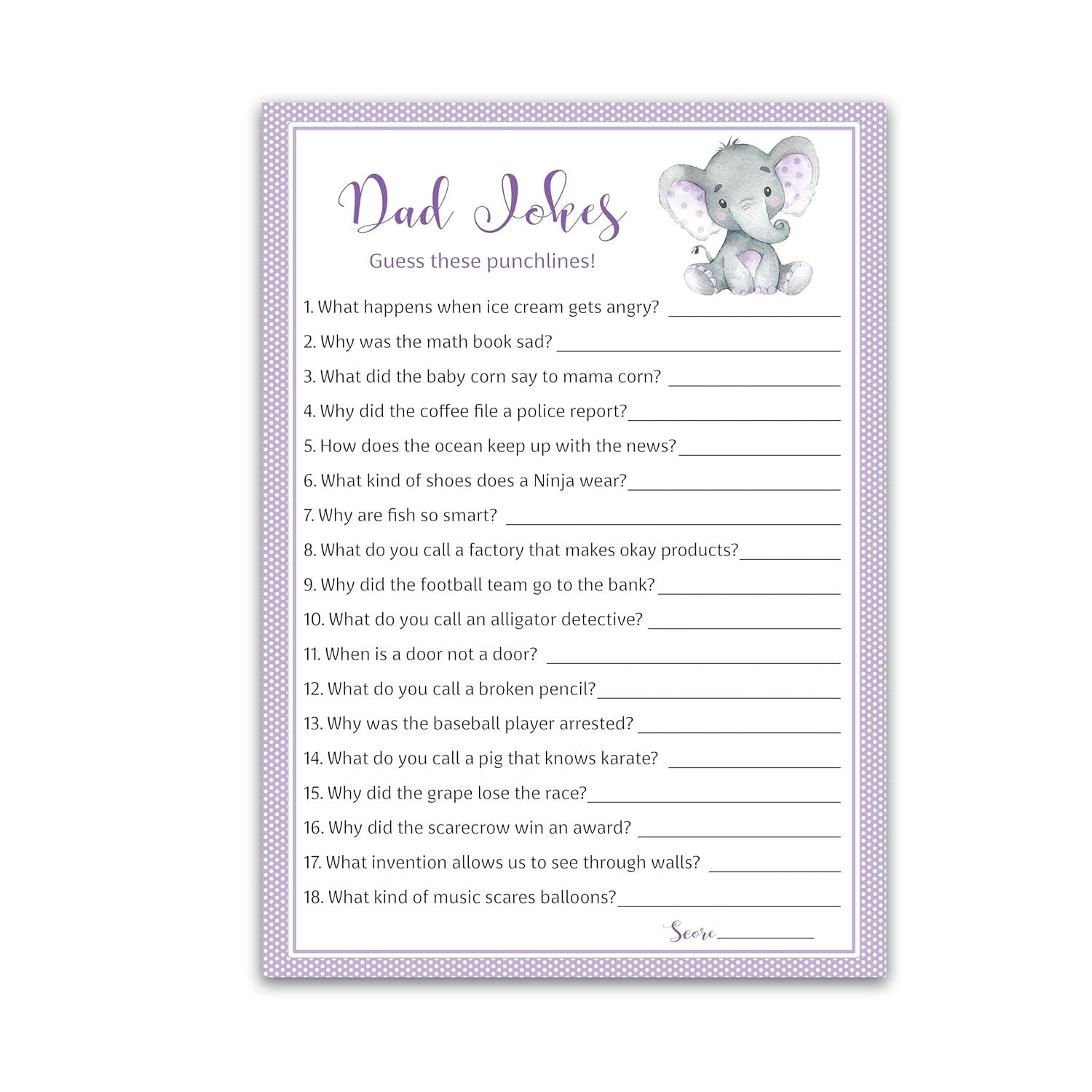 Baby Elephant Baby Shower Game — Dad Jokes Baby Shower Games — Pack Of 25 — Fun Dad Joke Game, Funny Daddy Joke Trivia, Purple Gender Neutral Baby Sprinkle, Sip See, Birthday, Shower Activity G503-Djk