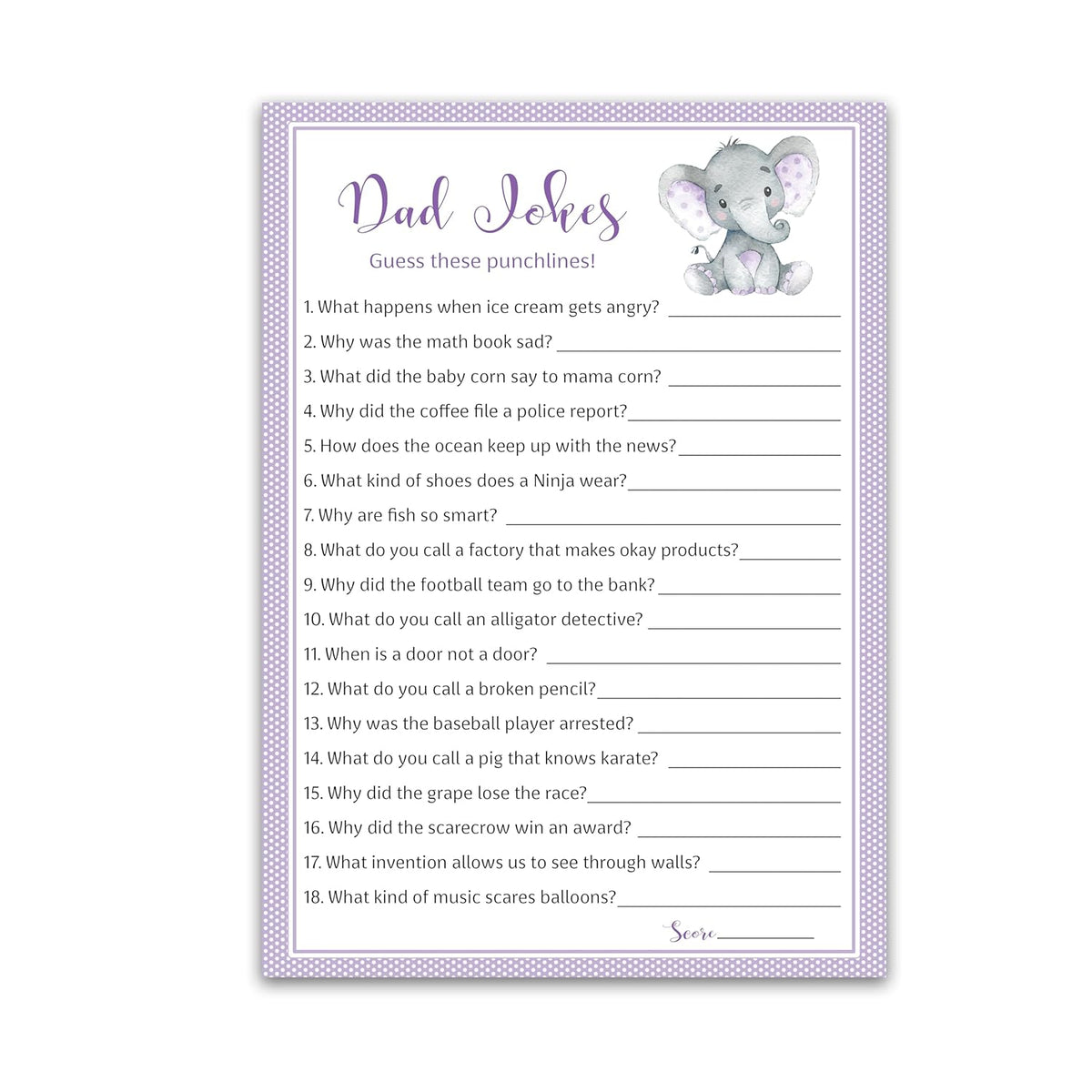 Baby Elephant Baby Shower Game — Dad Jokes Baby Shower Games — Pack Of 25 — Fun Dad Joke Game, Funny Daddy Joke Trivia, Purple Gender Neutral Baby Sprinkle, Sip See, Birthday, Shower Activity G503-Djk