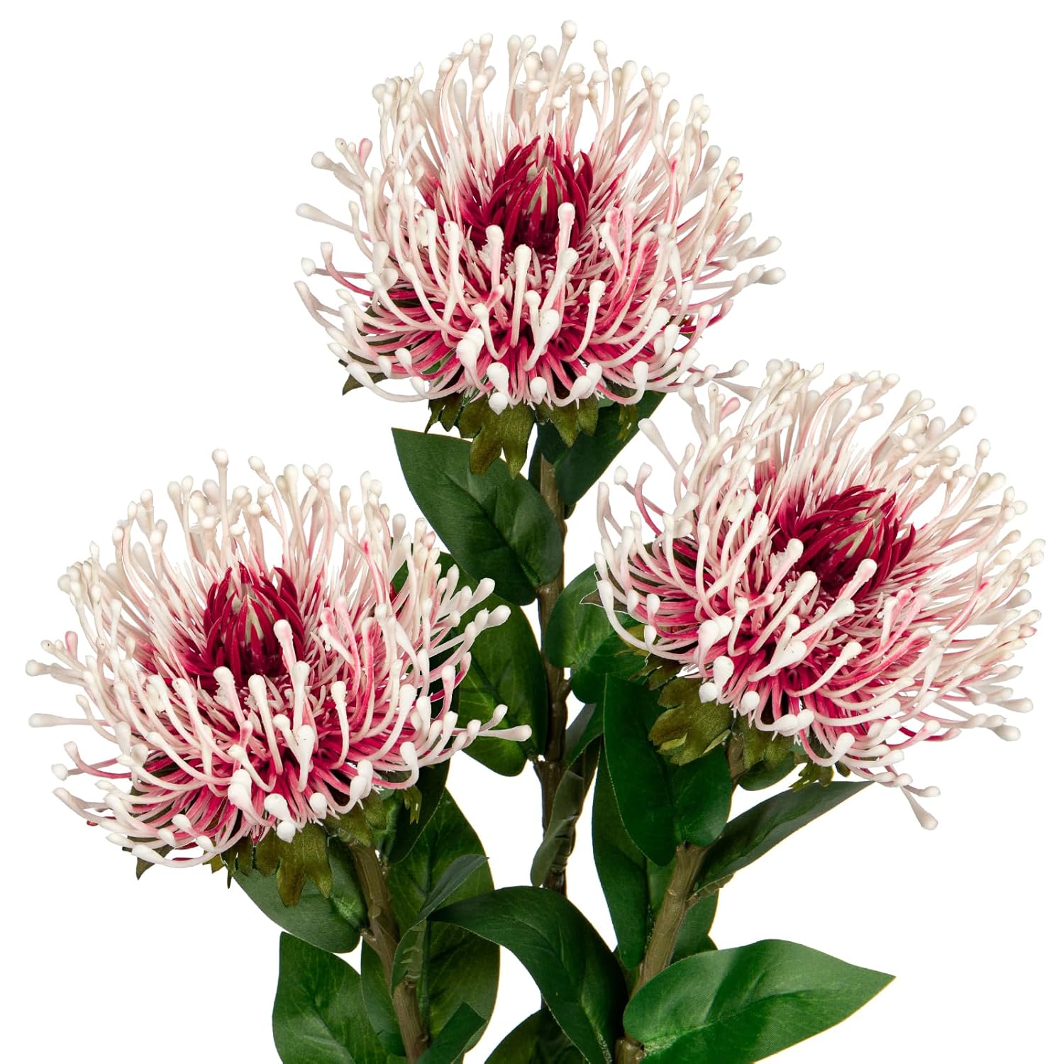 3Pcs Artificial Flowers Mums Spider Mum Flower 28.3'' Long Stem Fake Chrysanthemum Flowers Leucospermum Cordifolium Arrangement Faux Pincushion Flowers Bouquet For Home Decor Red & White