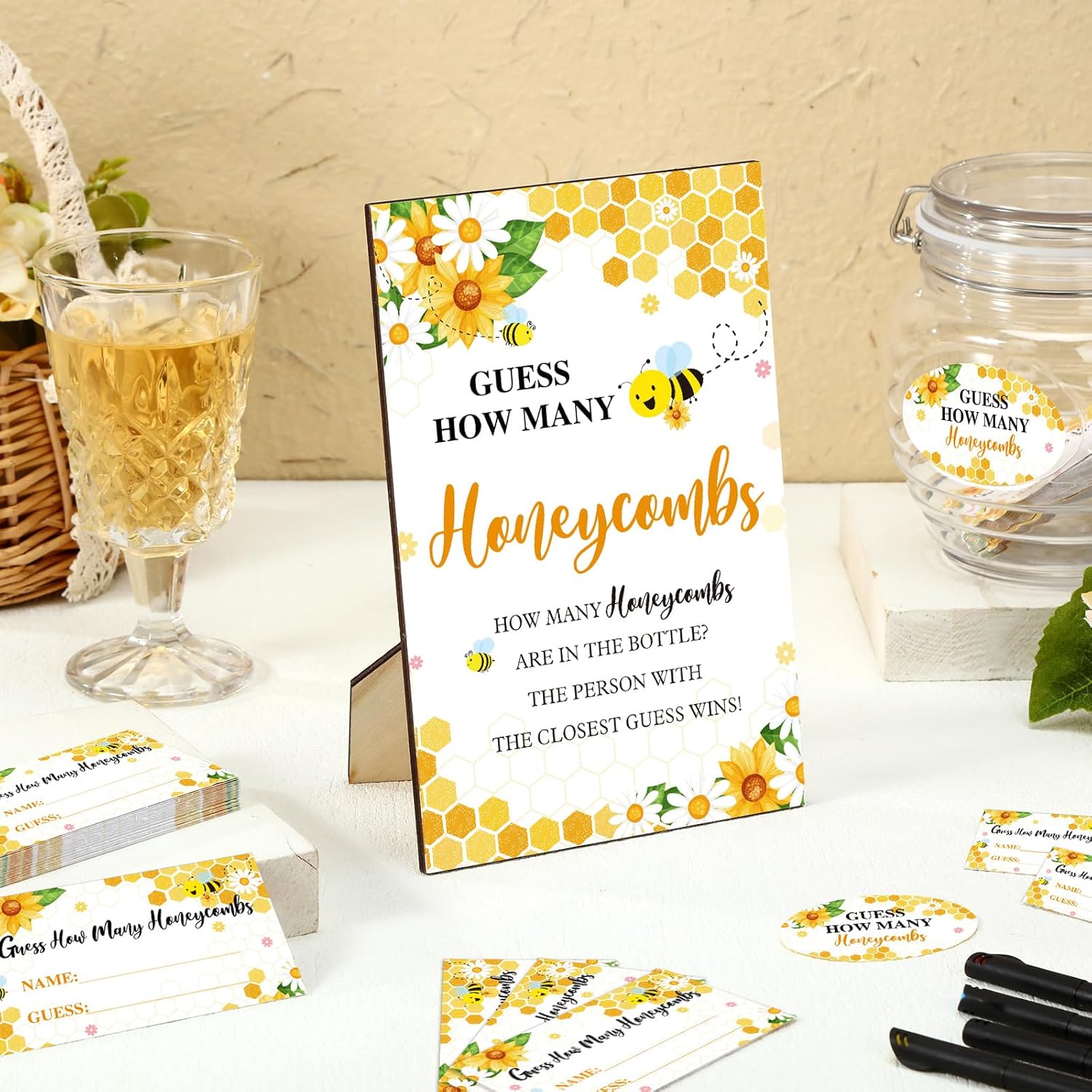 76 Pcs Bee Baby Shower Games Include Guess How Many Honeycombs Wood Sign And 60 Guessing Cards 12 Pens 2 Cute Stickers 1 Honey Jar For Baby Shower Birthday Guests Gender Reveal Party Favors