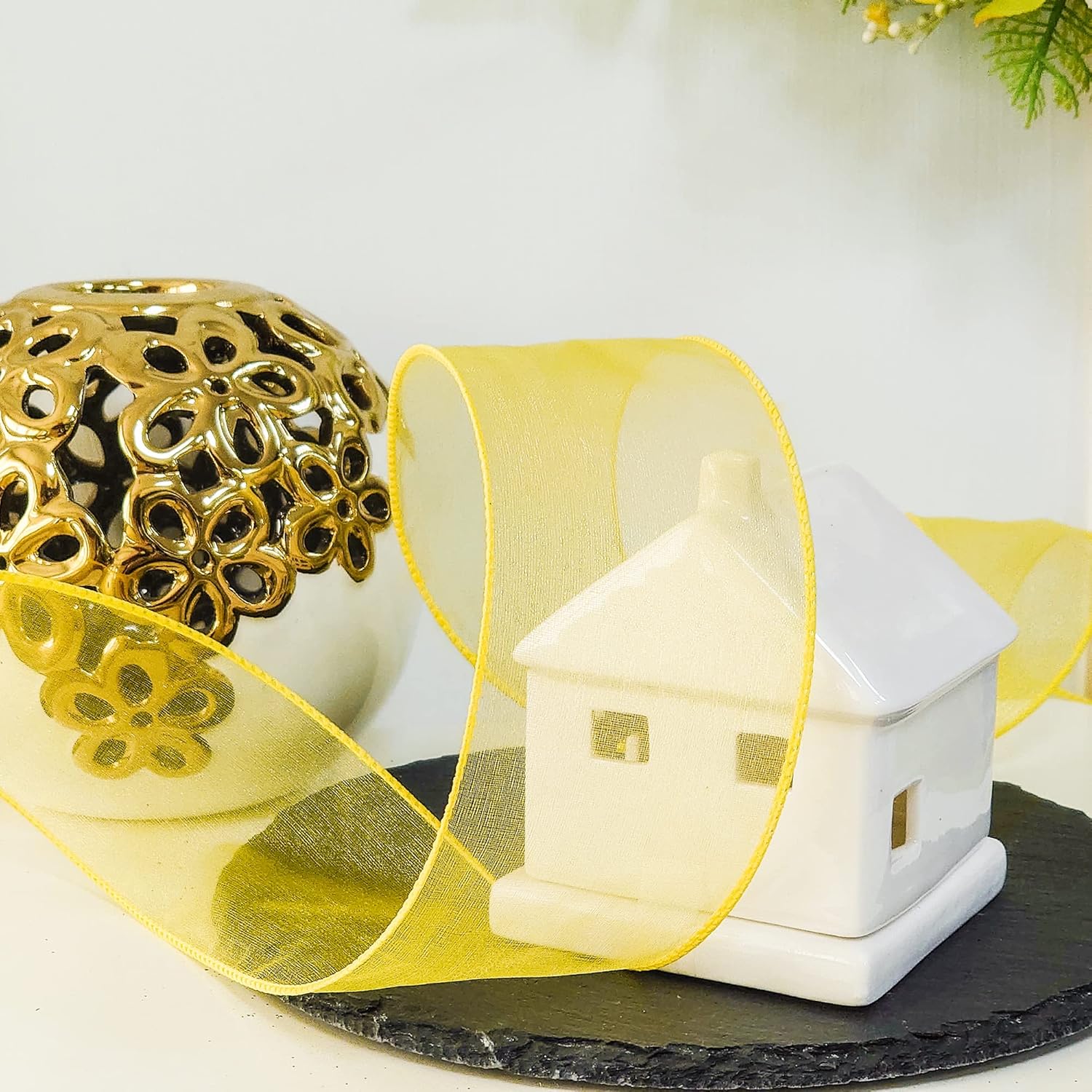 Sheer Organza Wired Ribbon 2.5" X 50Yards Yellow For Wedding Chair Bow Flora Bouquet Gift Wrapping Christmas Tree Home Decor Wreath