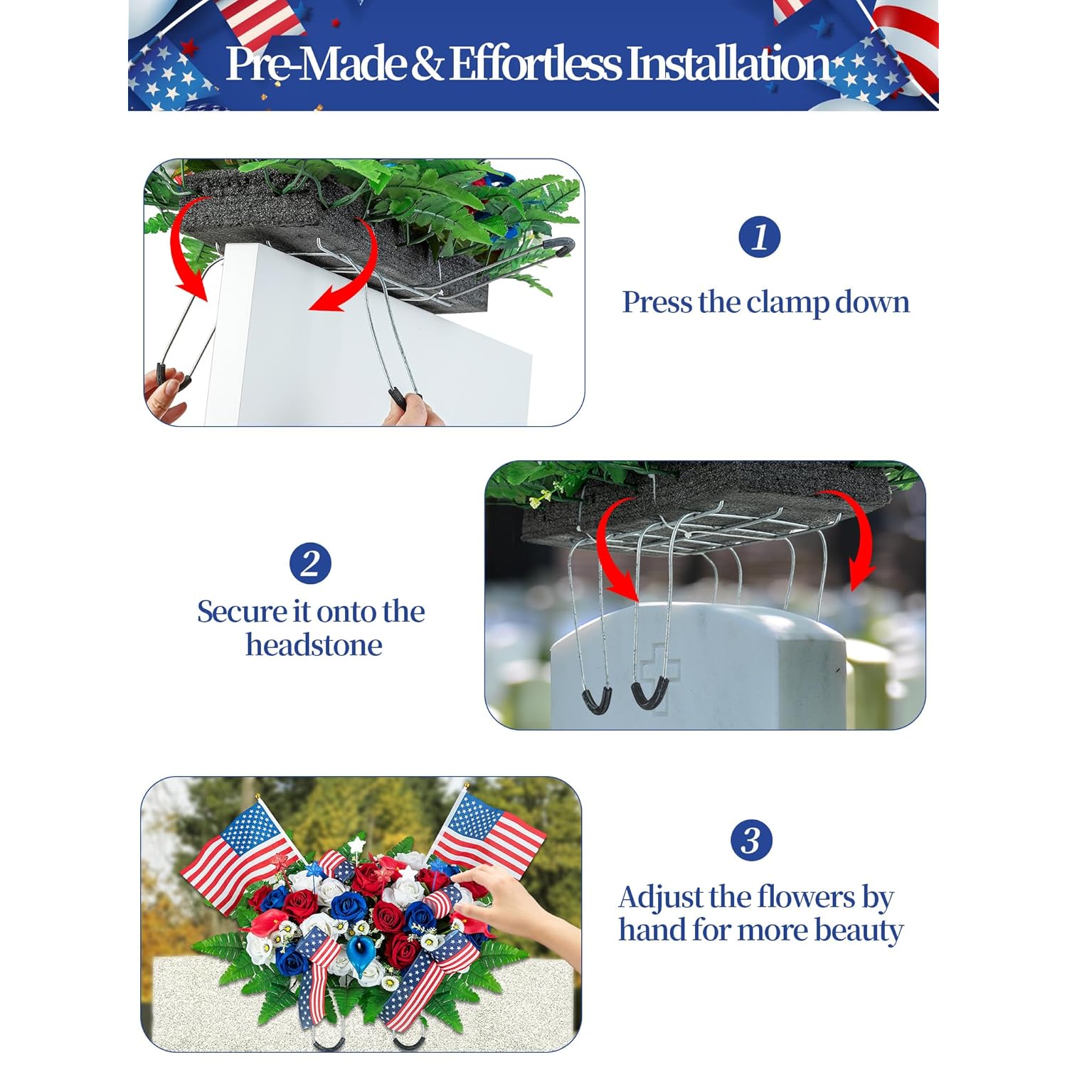 Memorial Day Decorations For Cemetery: Artificial Outdoor Grave Decorations Headstone Flower Saddle - Red White Blue Roses With Flags