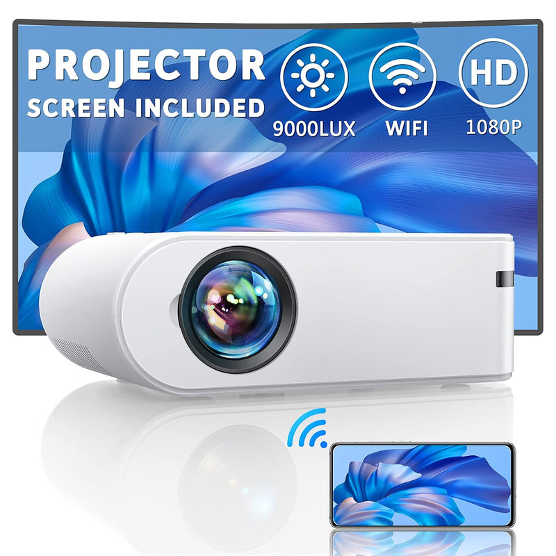 Mini Projector With Screen, 1080P Full Hd 9000L Outdoor Movie Projector, Porta