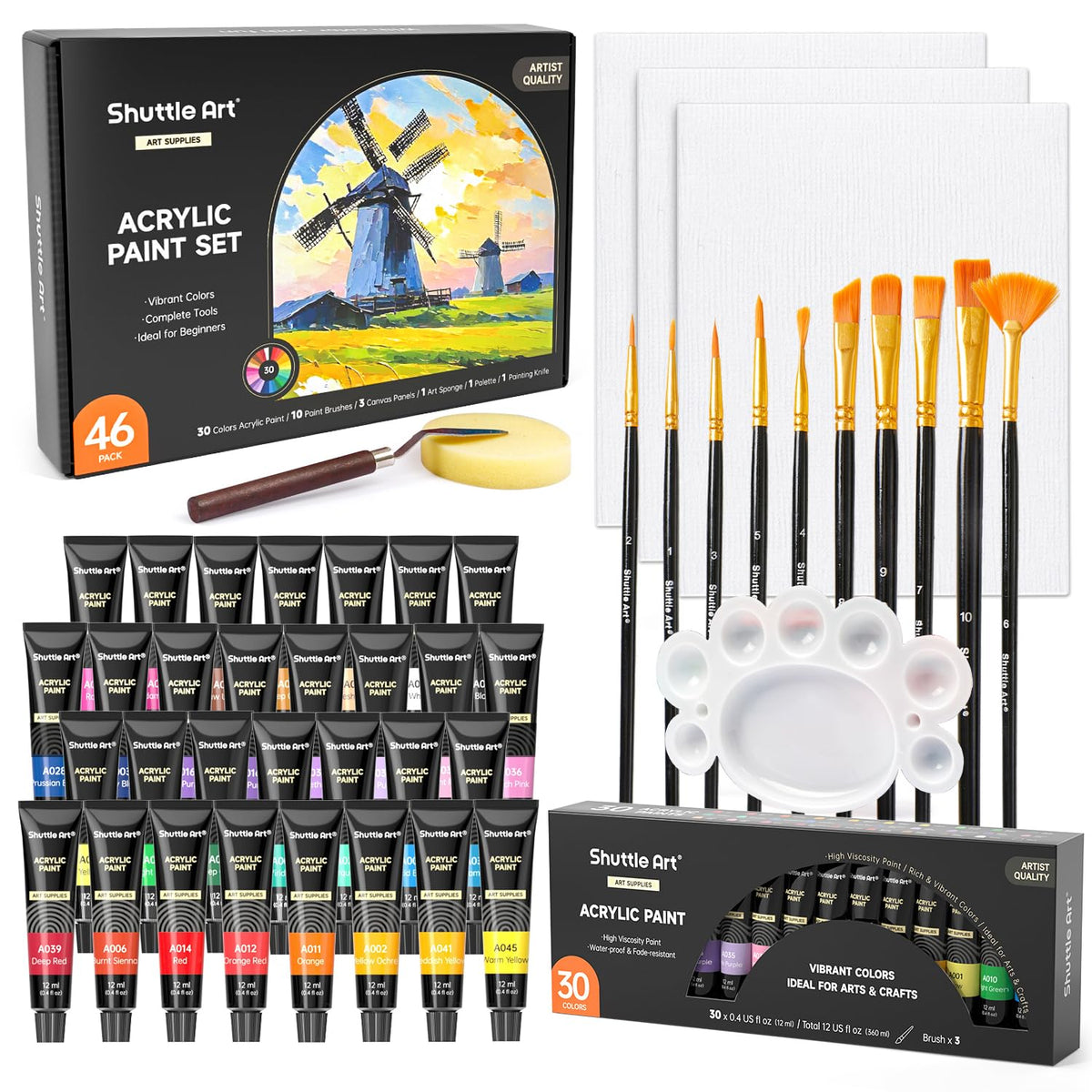 46 Pack Acrylic Paint Set, 30 Colors Acrylic Paint With 10 Brushes 3 Canvas 1 Knife Palette Sponge, Complete Painting Set For Kids, Adults, Beginners, Painting Wood, Ceramic