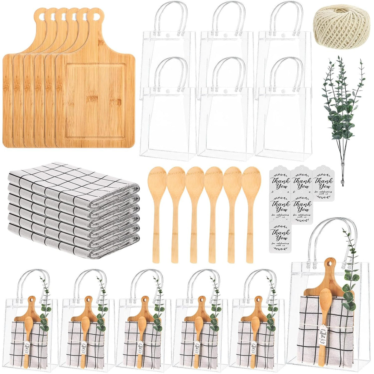 6 Sets Baby Shower Prizes For Game Winner Gifts Bamboo Cheese Board Fork Plaid Towel Artificial Eucalyptus Stems With Cards And Gift Bags For Baby Shower Bridal Shower Birthday Party