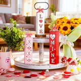 3Pcs Valentine'S Day Table Decorations For Home Indoor Wooden Valentine Table Centerpiece Block Sign Wood Love Tiered Tray Tabletop Decor For Office Desk Shelf Wedding Anniversary Party Supplies Heart