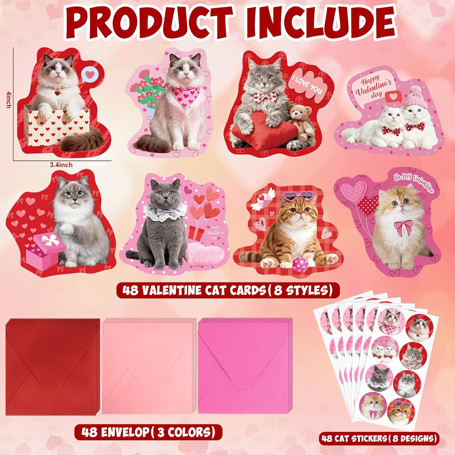 48 Sets Assorted Cat Valentines Days Cards For Kids Classroom School Cute Cat Valentines Cards With Envelops Stickers Greeting Cute Pet Love Cards For Girls Boys Kids Party Gift Exchange Brithday Supplies Favors Double Sided Printing